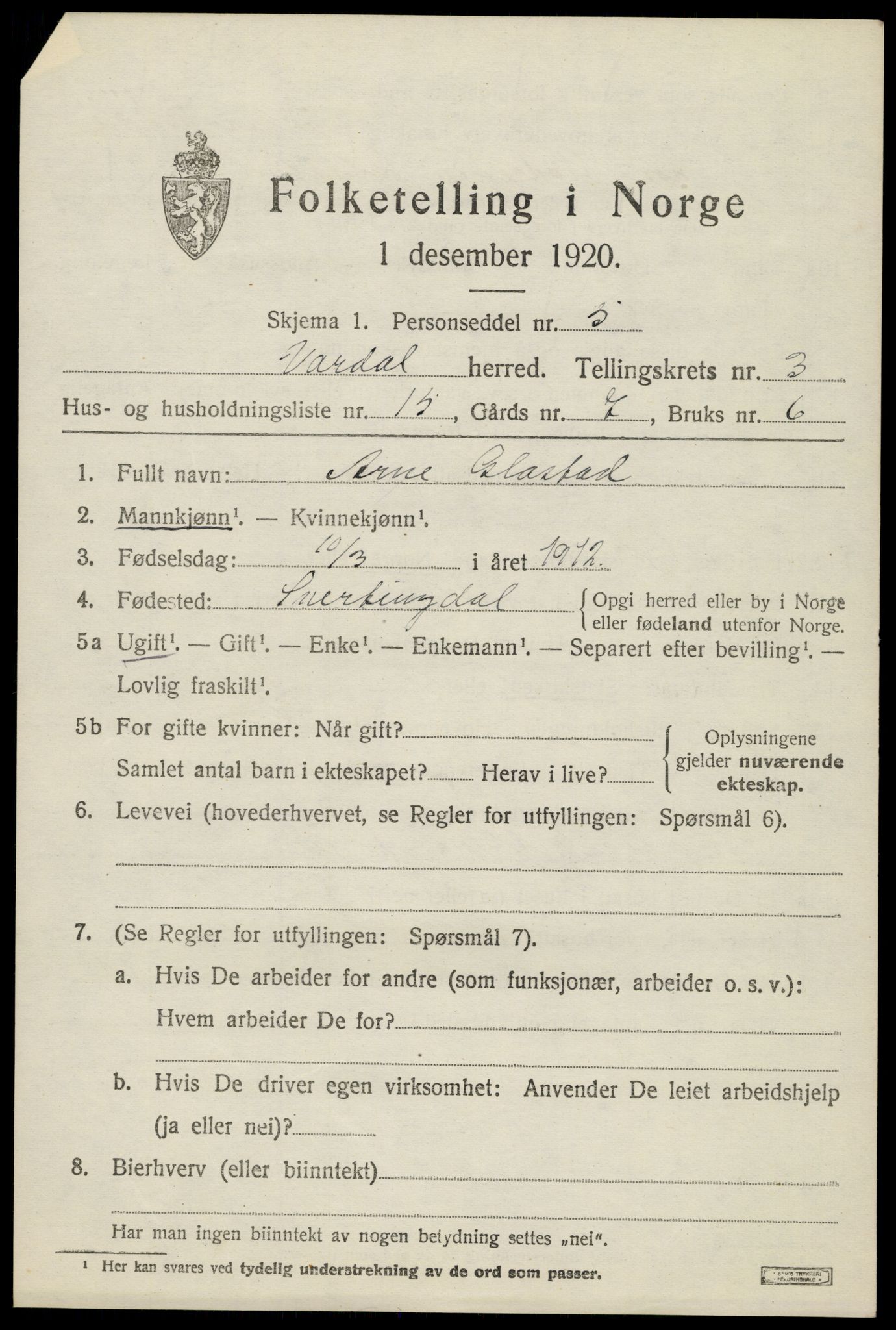 SAH, 1920 census for Vardal, 1920, p. 2829