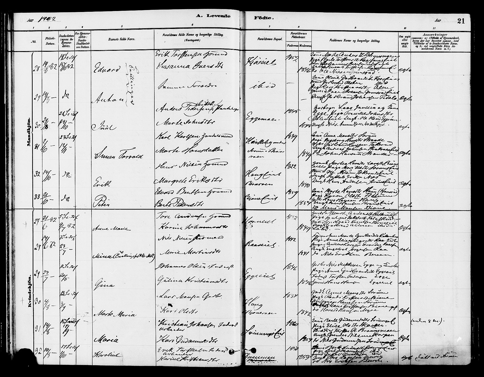 Gran prestekontor, SAH/PREST-112/H/Ha/Haa/L0015: Parish register (official) no. 15, 1880-1888, p. 21