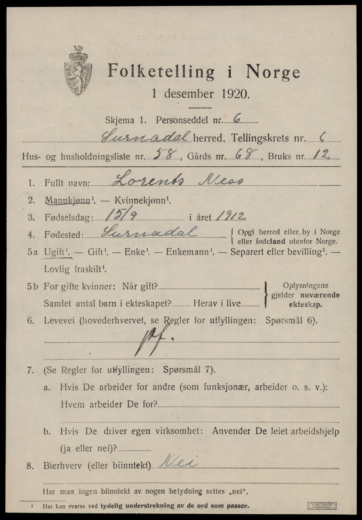 SAT, 1920 census for Surnadal, 1920, p. 4941