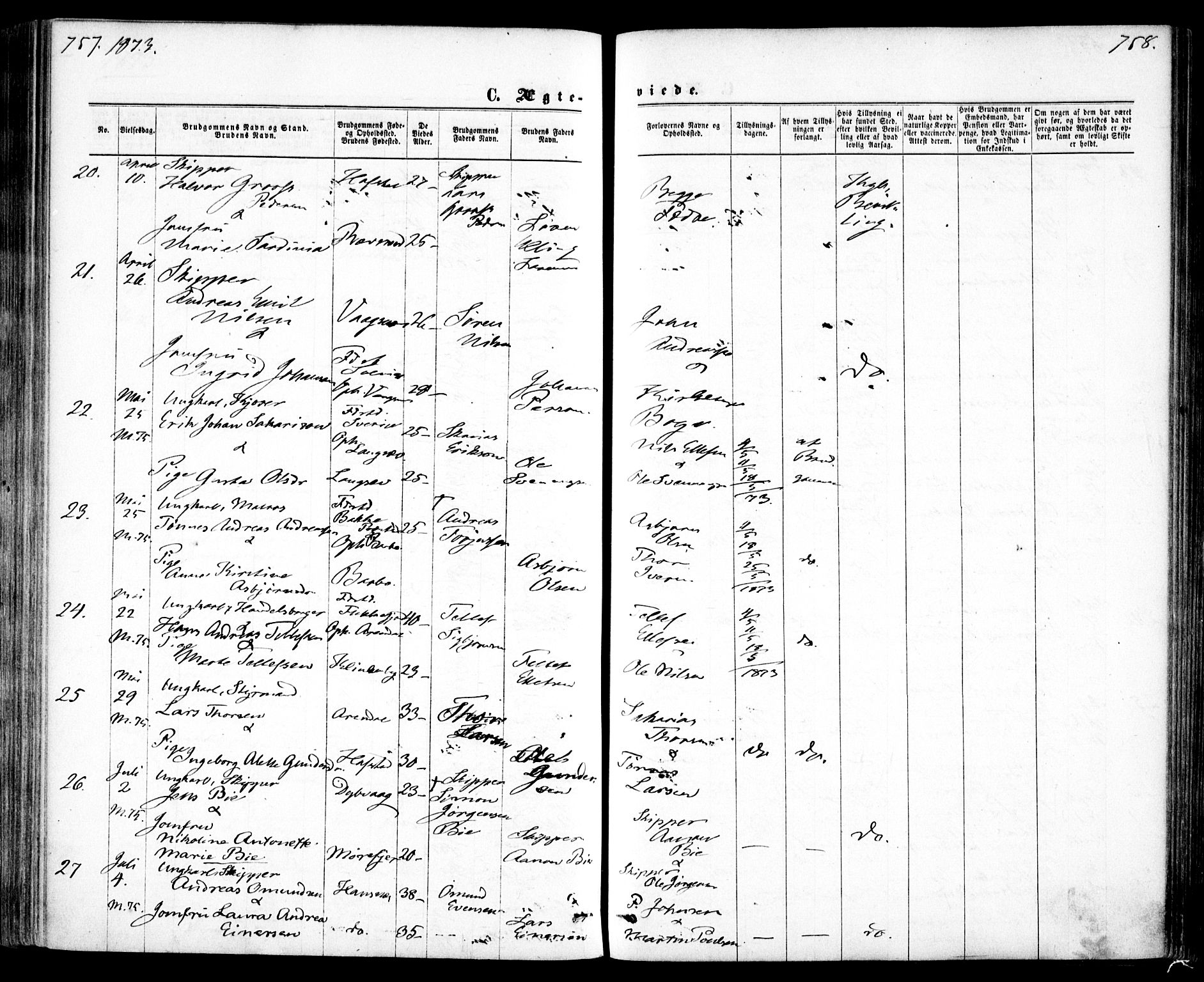 Tromøy sokneprestkontor, AV/SAK-1111-0041/F/Fa/L0008: Parish register (official) no. A 8, 1870-1877, p. 757-758