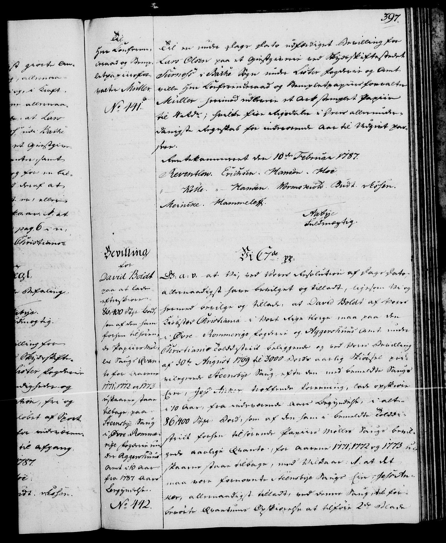 Rentekammeret, Kammerkanselliet, RA/EA-3111/G/Gg/Gga/L0013: Norsk ekspedisjonsprotokoll med register (merket RK 53.13), 1784-1787, p. 397