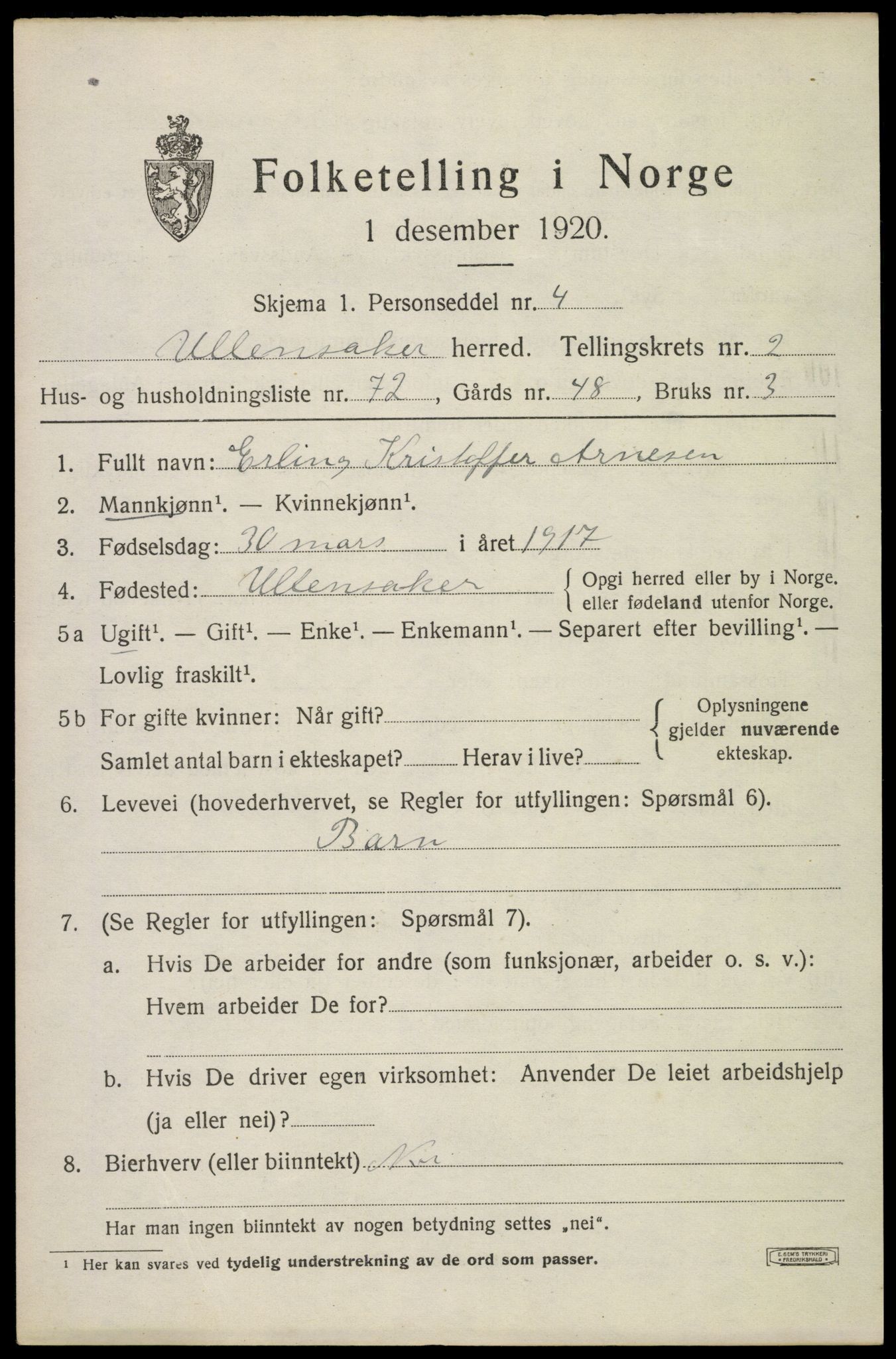 SAO, 1920 census for Ullensaker, 1920, p. 5537