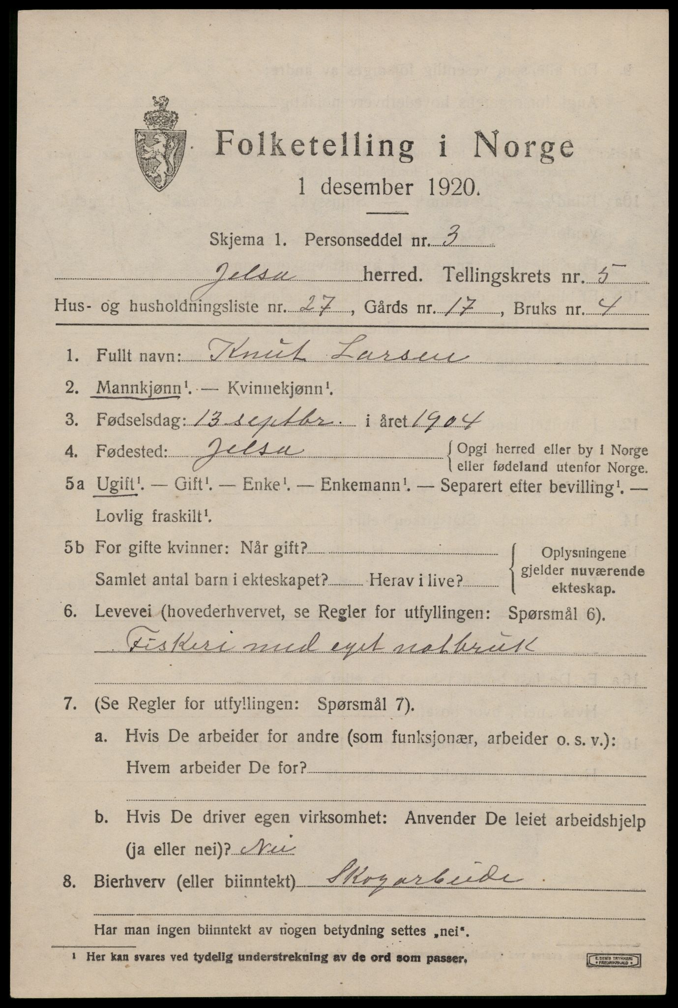 SAST, 1920 census for Jelsa, 1920, p. 1650