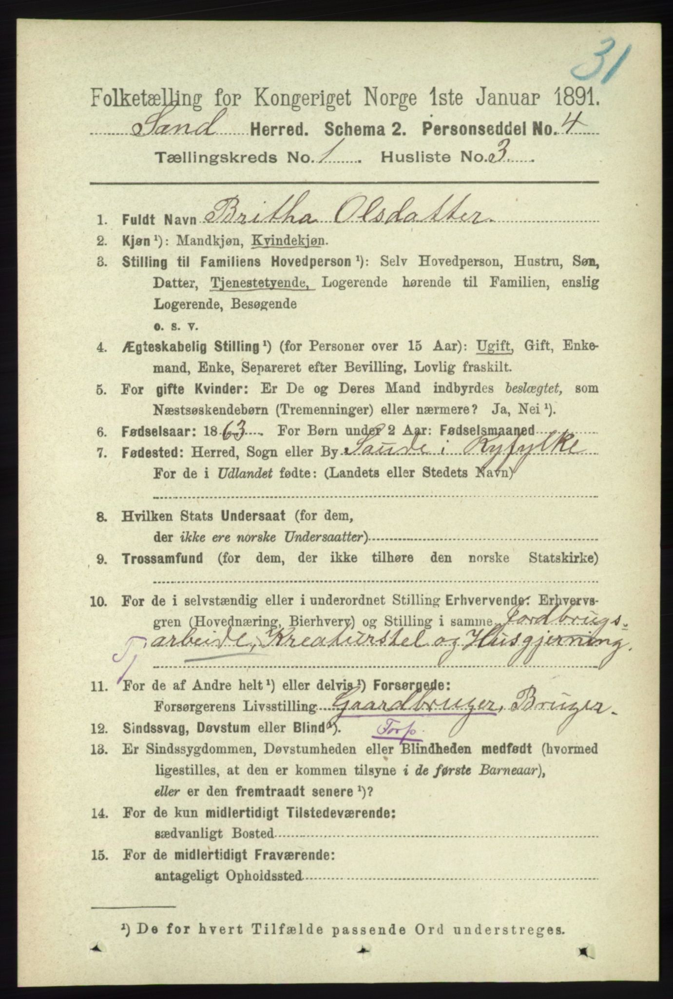 RA, 1891 census for 1136 Sand, 1891, p. 70