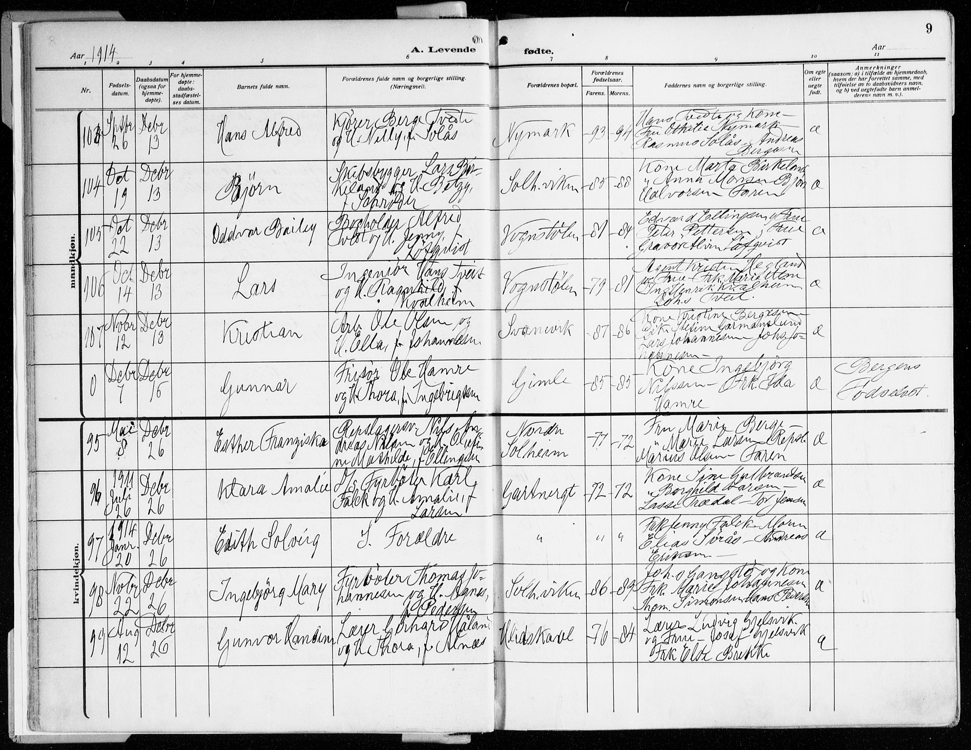 Årstad Sokneprestembete, AV/SAB-A-79301/H/Haa/L0003: Parish register (official) no. A 3, 1914-1919, p. 9