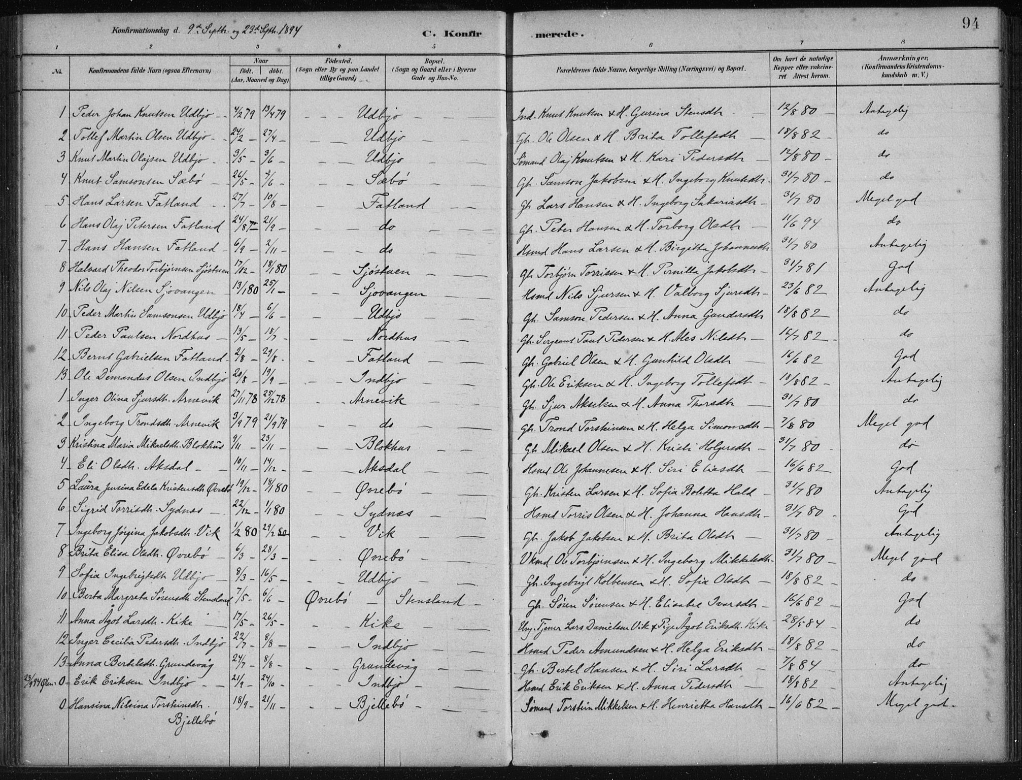 Fjelberg sokneprestembete, SAB/A-75201/H/Haa: Parish register (official) no. B  1, 1879-1919, p. 94