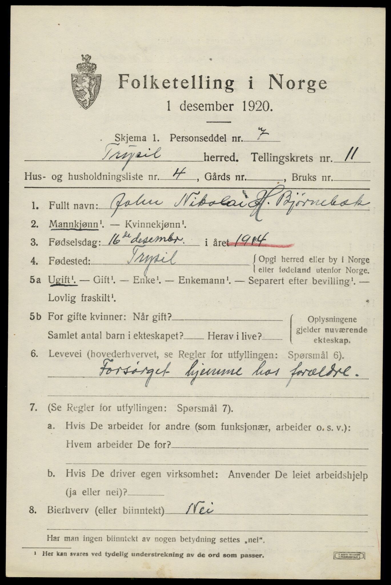 SAH, 1920 census for Trysil, 1920, p. 7007