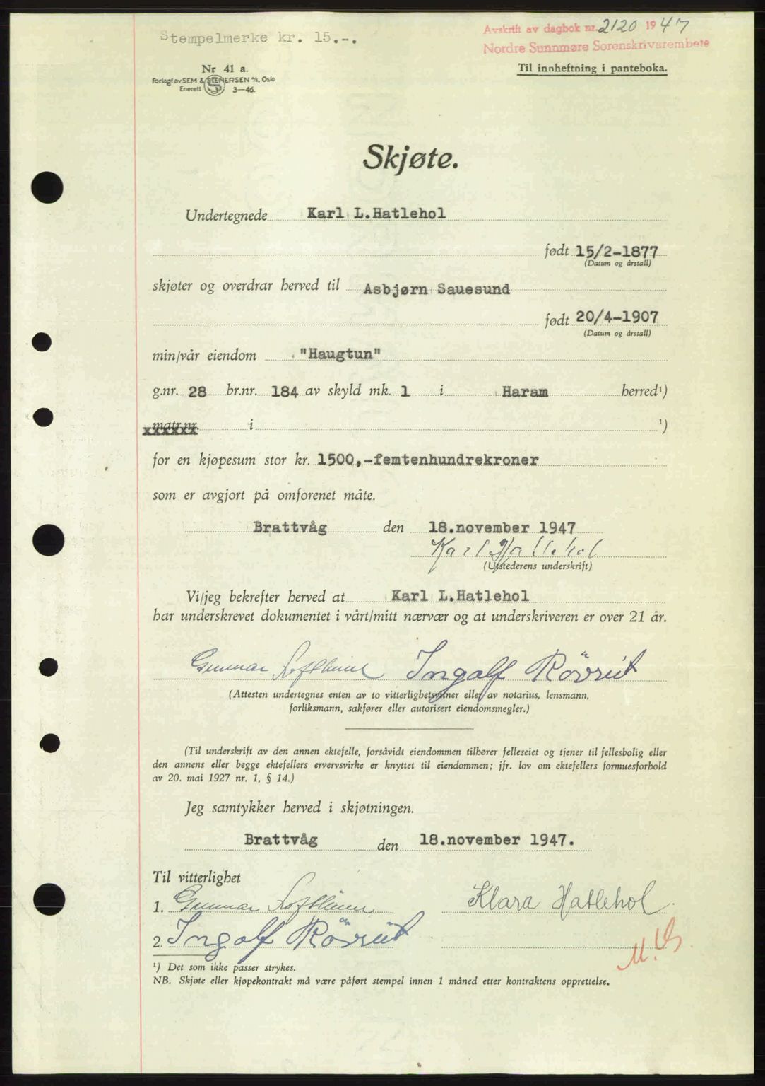 Nordre Sunnmøre sorenskriveri, AV/SAT-A-0006/1/2/2C/2Ca: Mortgage book no. A26, 1947-1948, Diary no: : 2120/1947