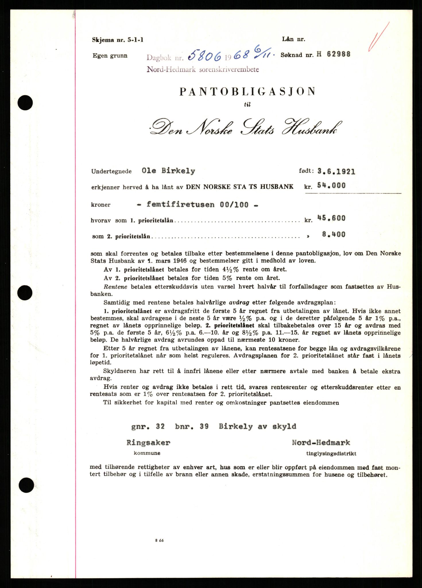 Nord-Hedmark sorenskriveri, SAH/TING-012/H/Hb/Hbf/L0077: Mortgage book no. B77, 1968-1969, Diary no: : 5806/1968