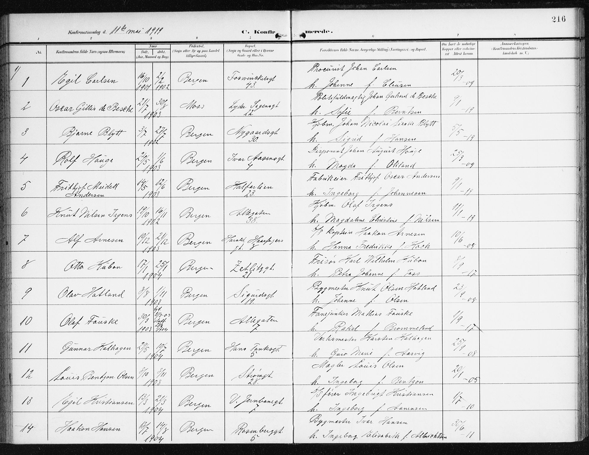 Johanneskirken sokneprestembete, SAB/A-76001/H/Haa/L0009: Parish register (official) no. C 2, 1907-1924, p. 216