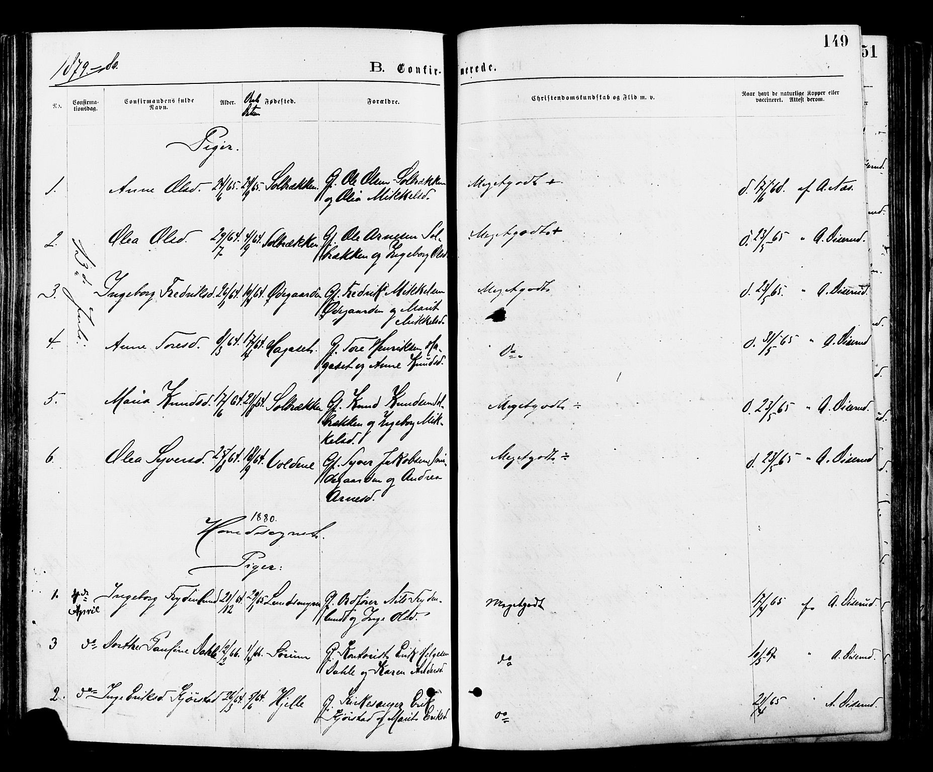Nord-Aurdal prestekontor, SAH/PREST-132/H/Ha/Haa/L0009: Parish register (official) no. 9, 1876-1882, p. 149