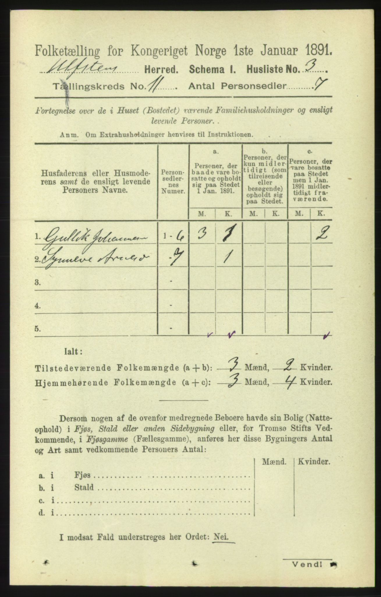 RA, 1891 census for 1516 Ulstein, 1891, p. 3396