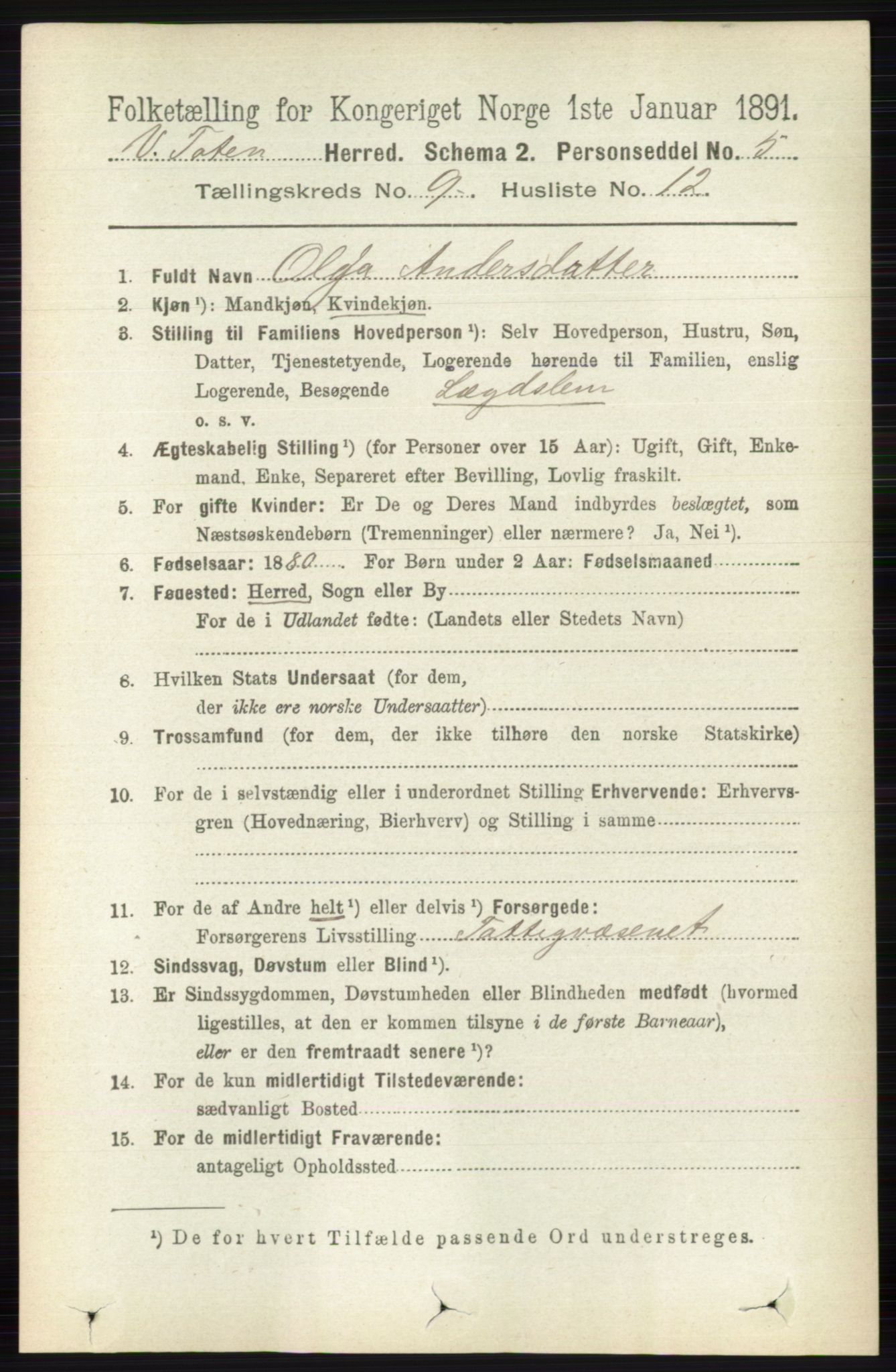 RA, 1891 census for 0529 Vestre Toten, 1891, p. 5623