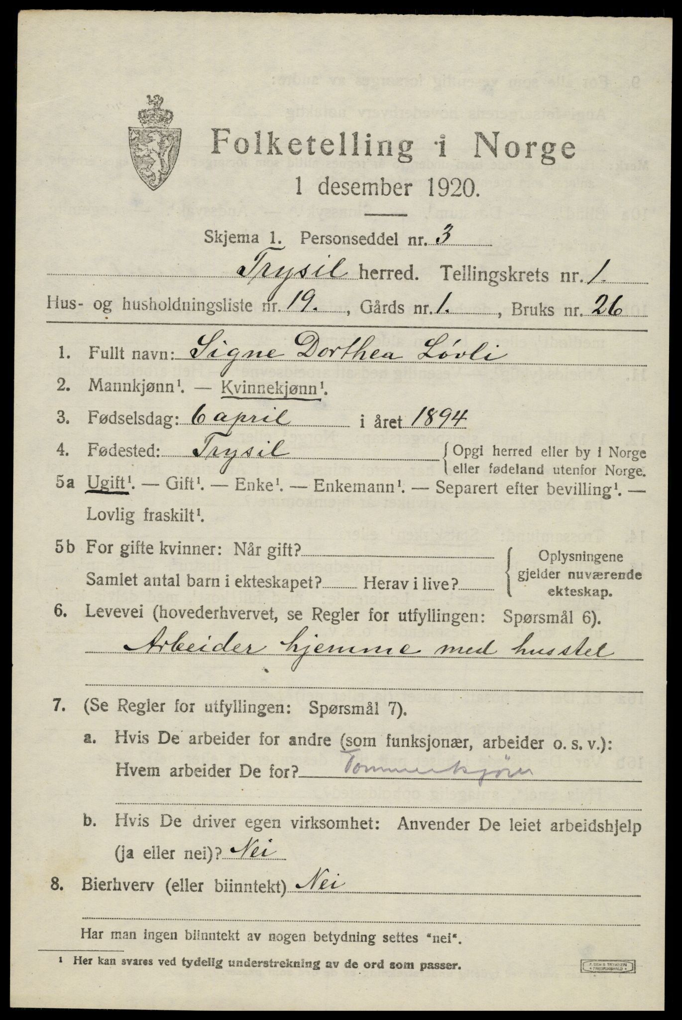 SAH, 1920 census for Trysil, 1920, p. 2779