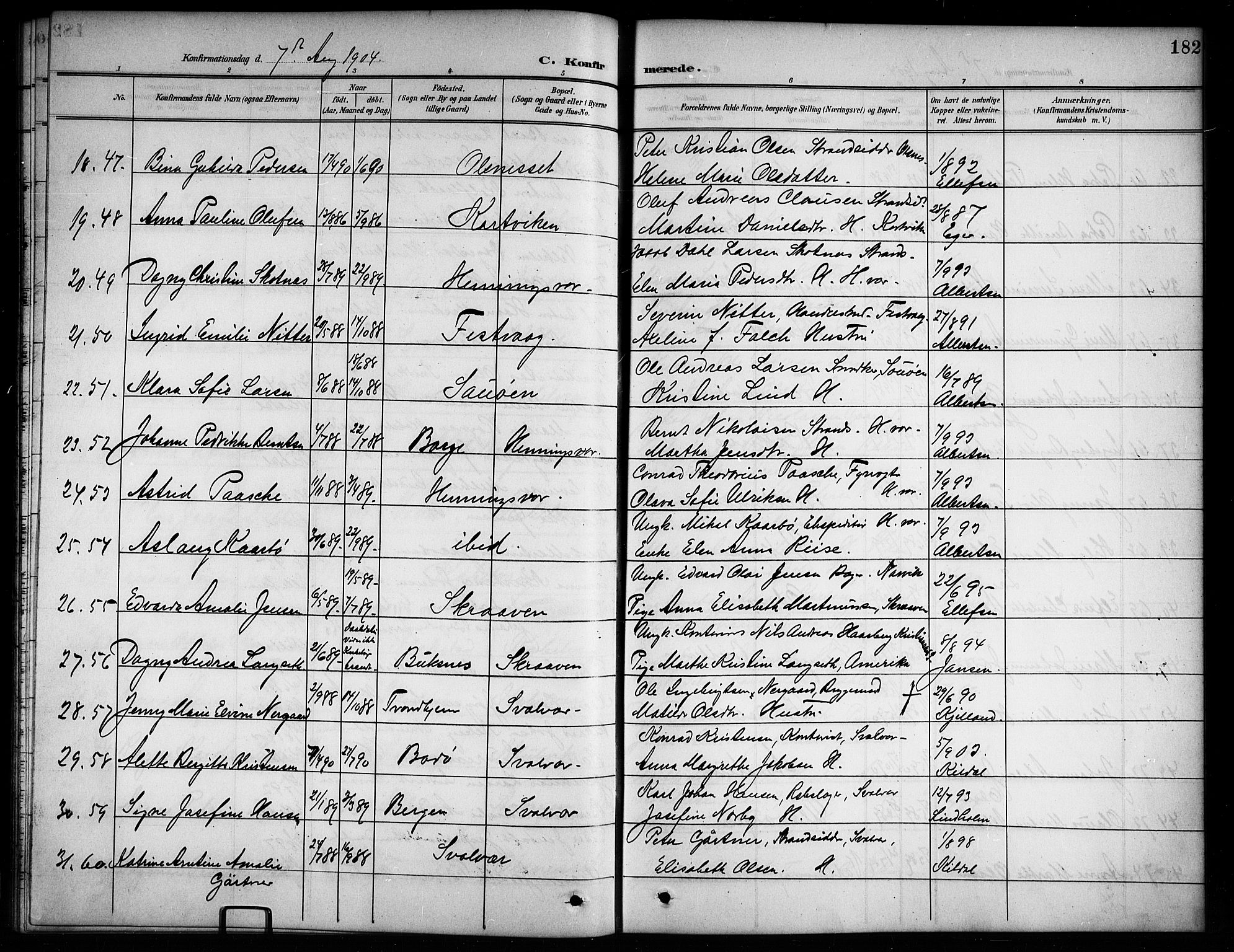 Ministerialprotokoller, klokkerbøker og fødselsregistre - Nordland, AV/SAT-A-1459/874/L1078: Parish register (copy) no. 874C07, 1900-1907, p. 182