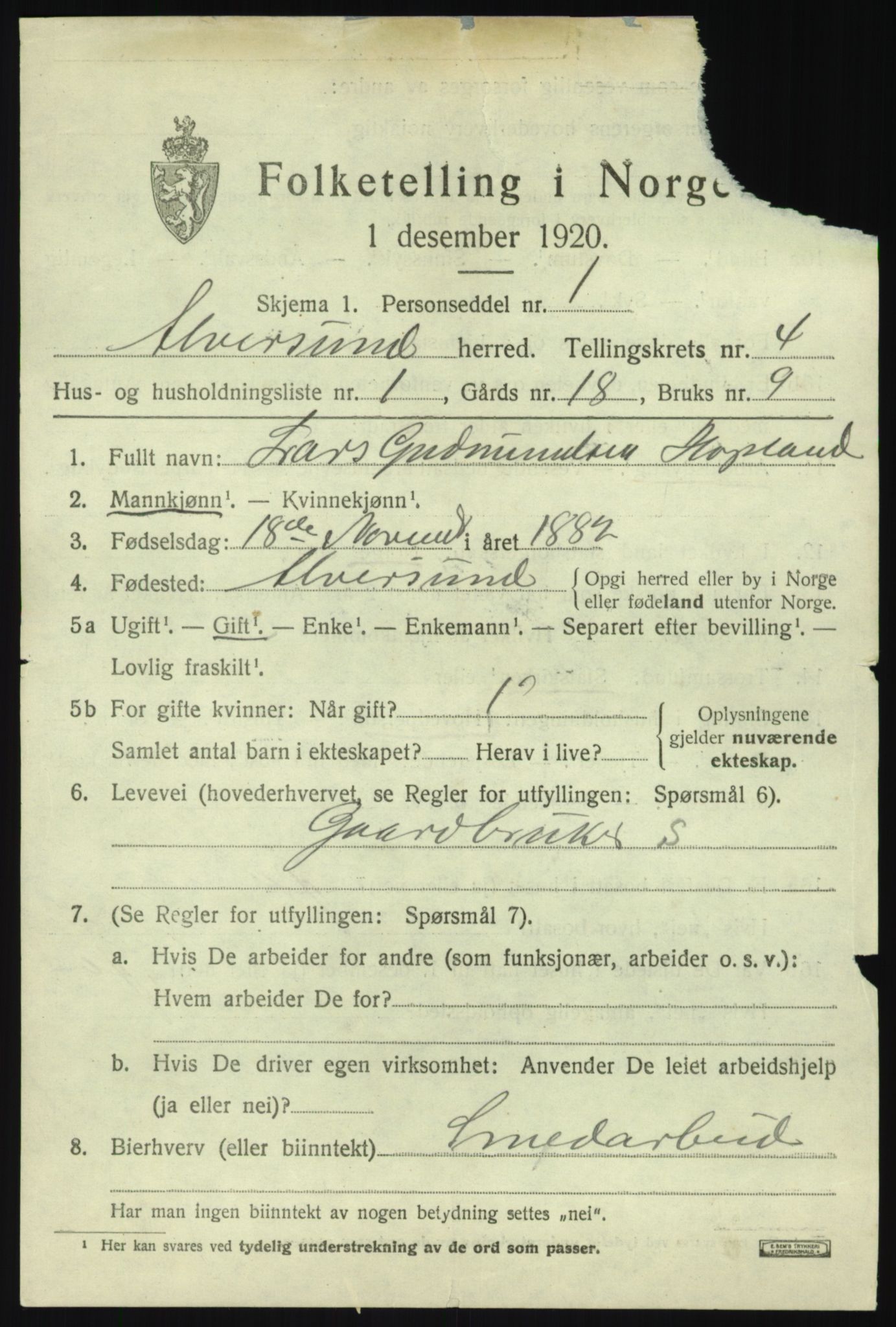 SAB, 1920 census for Alversund, 1920, p. 2658