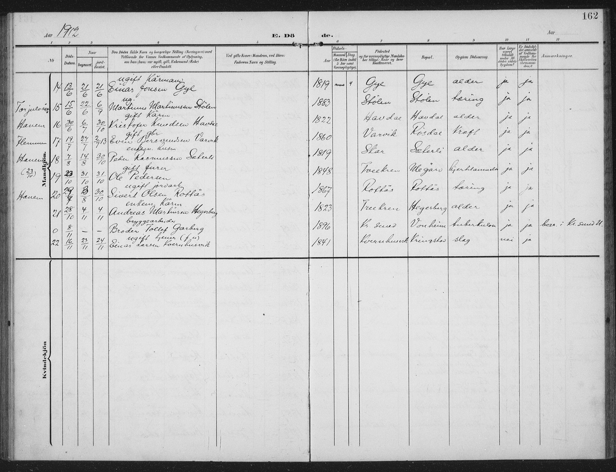 Ministerialprotokoller, klokkerbøker og fødselsregistre - Møre og Romsdal, AV/SAT-A-1454/586/L0989: Parish register (official) no. 586A15, 1906-1915, p. 162