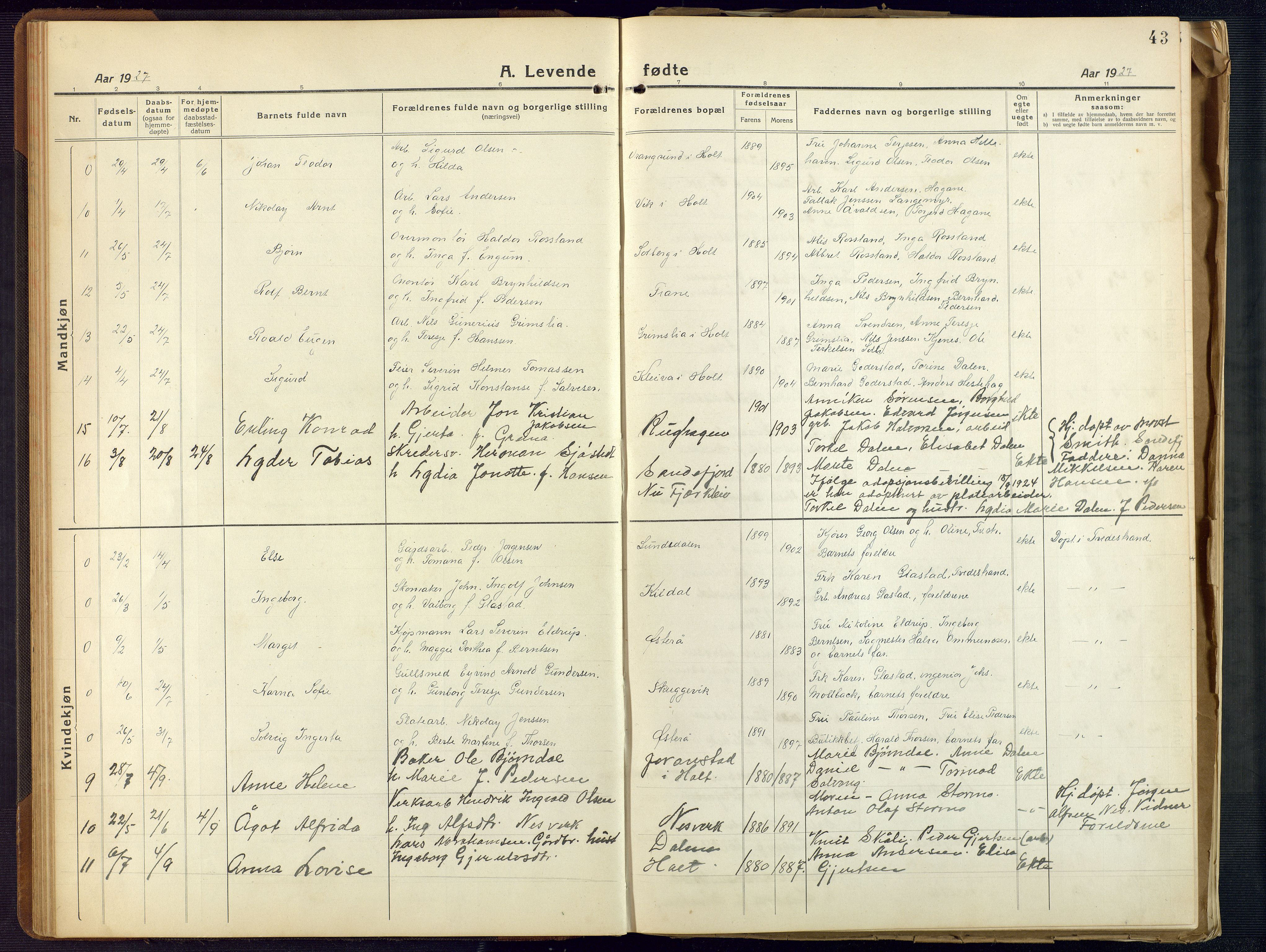 Holt sokneprestkontor, SAK/1111-0021/F/Fb/L0012: Parish register (copy) no. B 12, 1919-1944, p. 43