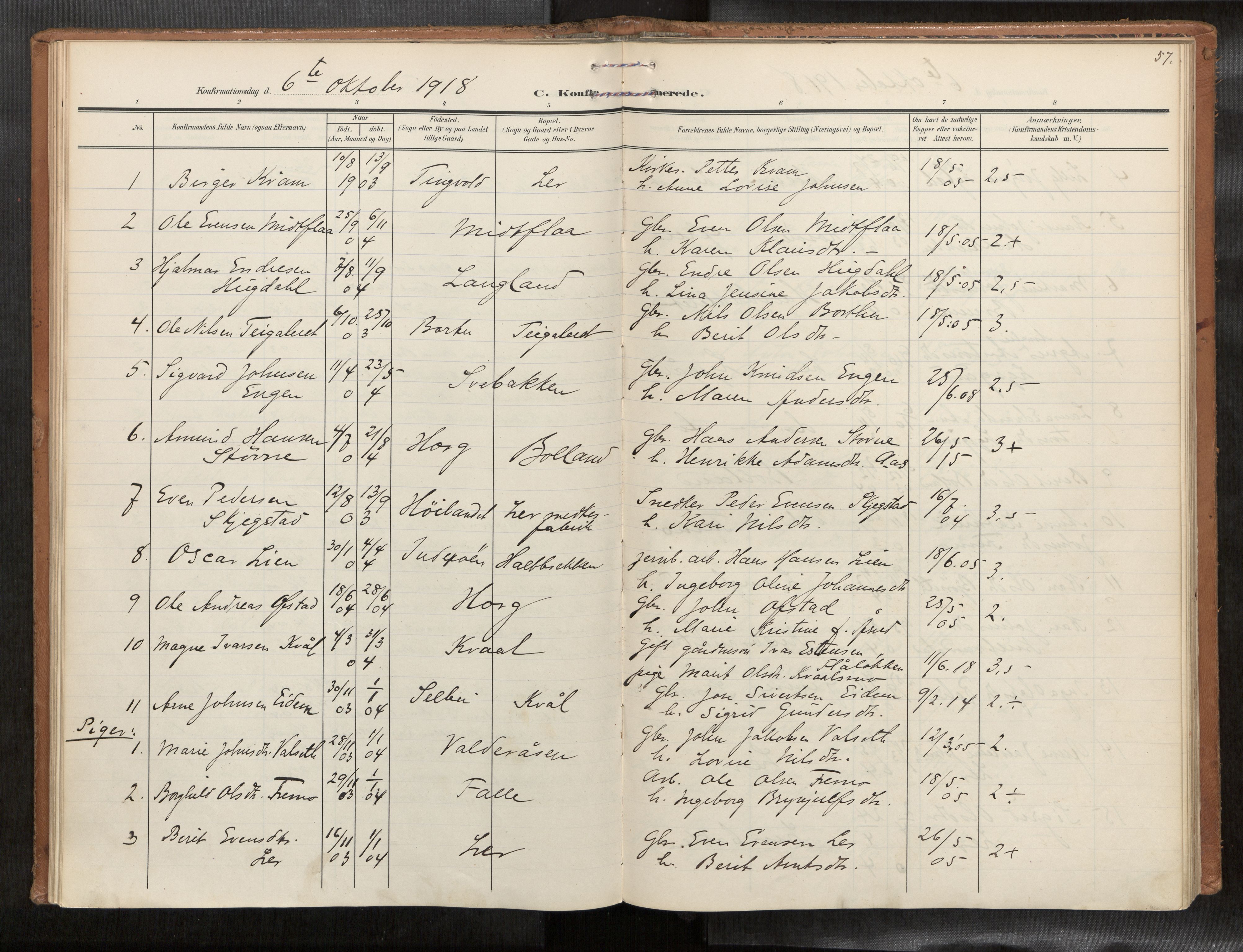 Ministerialprotokoller, klokkerbøker og fødselsregistre - Sør-Trøndelag, SAT/A-1456/693/L1119b: Parish register (official) no. 693A02, 1906-1936, p. 57