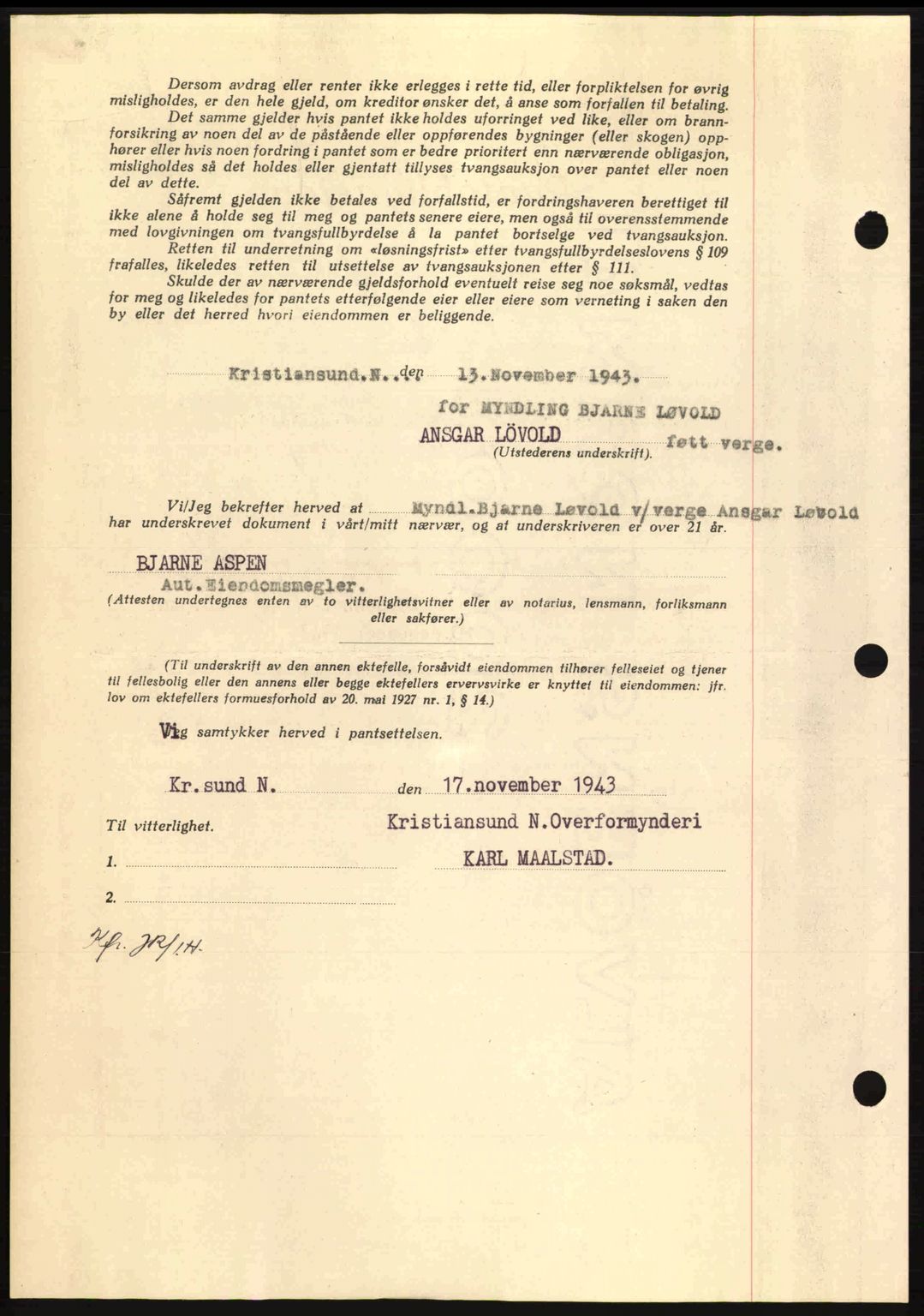 Nordmøre sorenskriveri, AV/SAT-A-4132/1/2/2Ca: Mortgage book no. B91, 1943-1944, Diary no: : 2816/1943