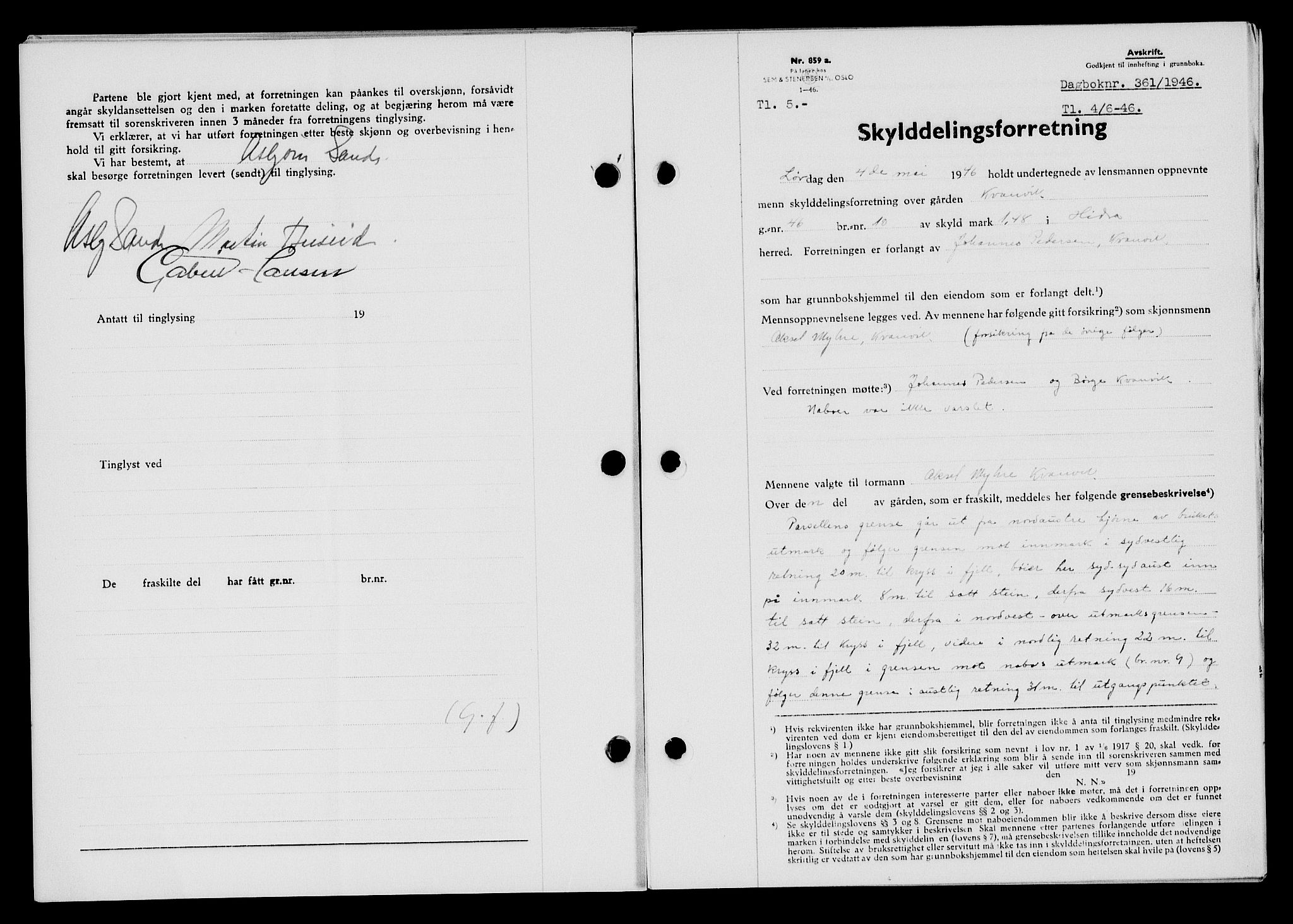 Flekkefjord sorenskriveri, SAK/1221-0001/G/Gb/Gba/L0060: Mortgage book no. A-8, 1945-1946, Diary no: : 361/1946