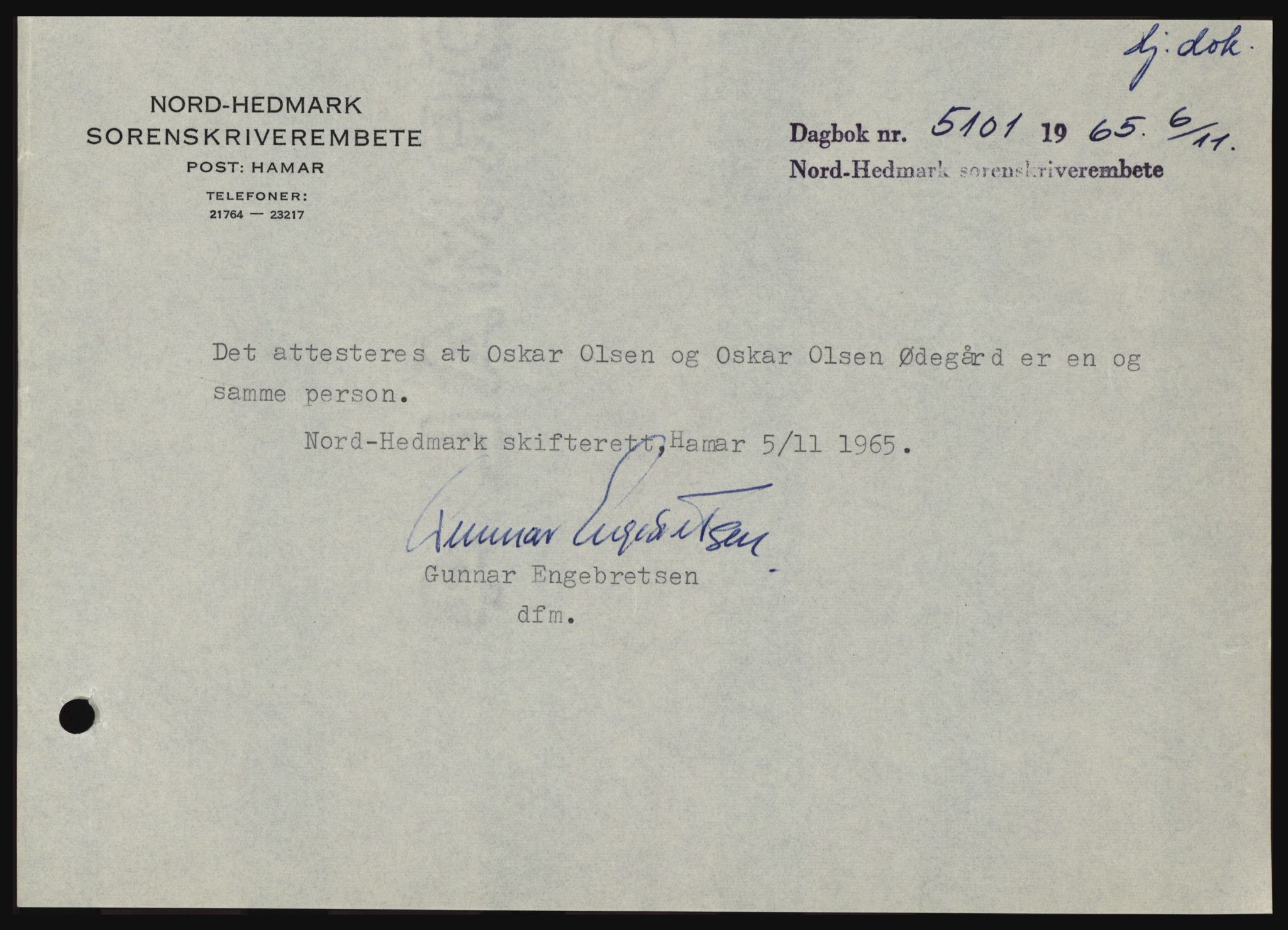 Nord-Hedmark sorenskriveri, SAH/TING-012/H/Hc/L0022: Mortgage book no. 22, 1965-1965, Diary no: : 5101/1965