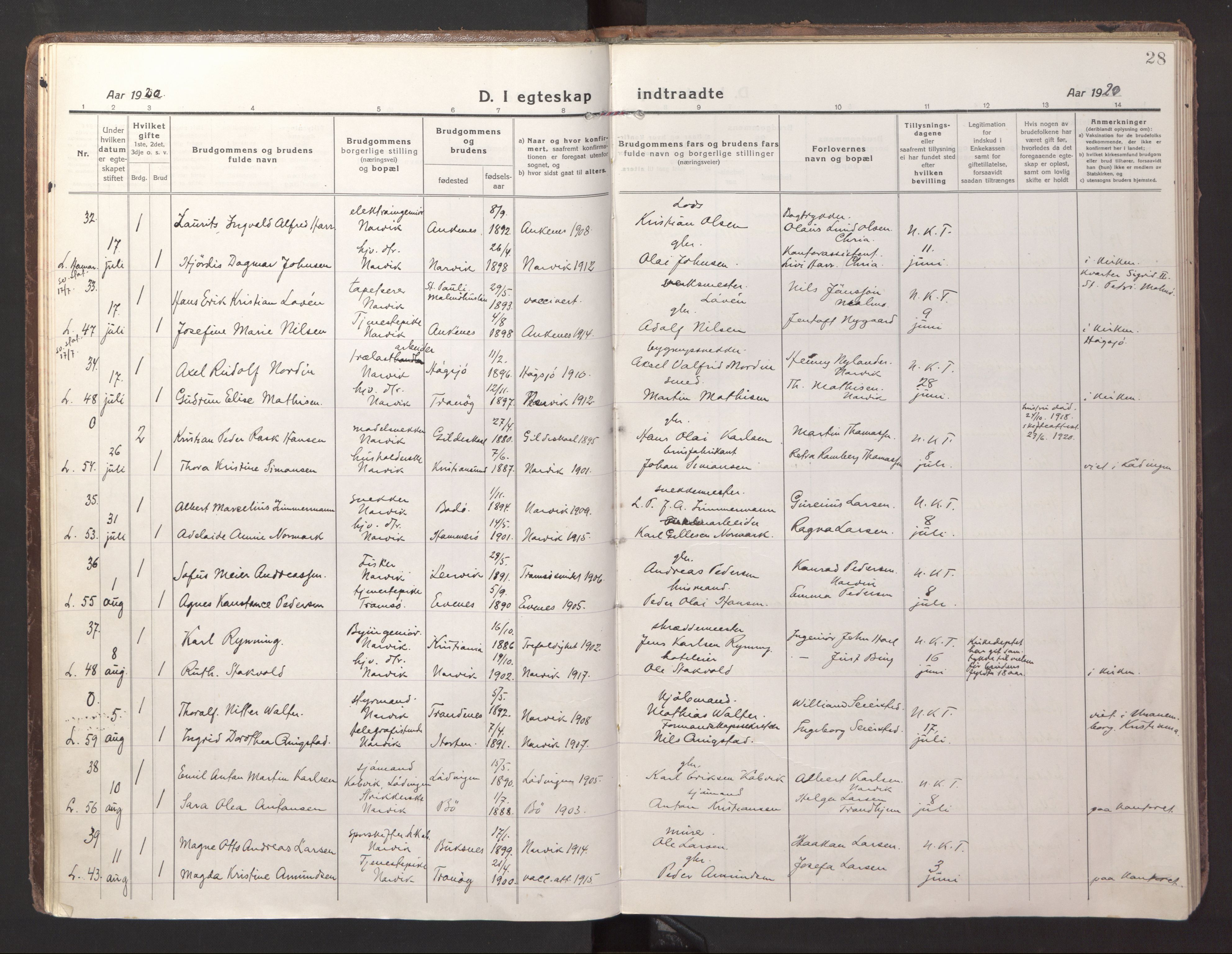 Ministerialprotokoller, klokkerbøker og fødselsregistre - Nordland, AV/SAT-A-1459/871/L1002: Parish register (official) no. 871A18, 1917-1926, p. 28