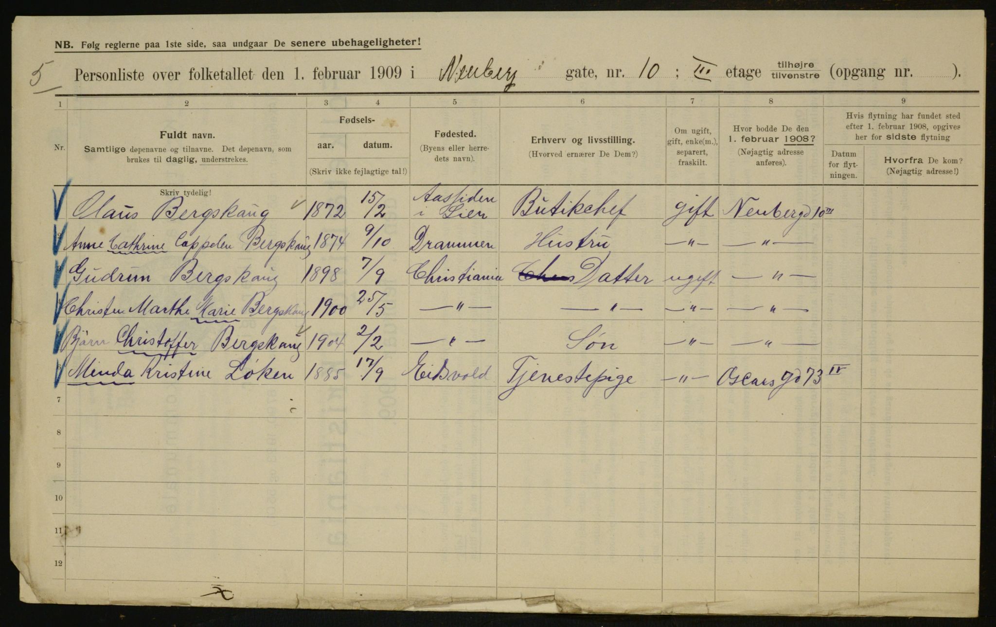 OBA, Municipal Census 1909 for Kristiania, 1909, p. 63425