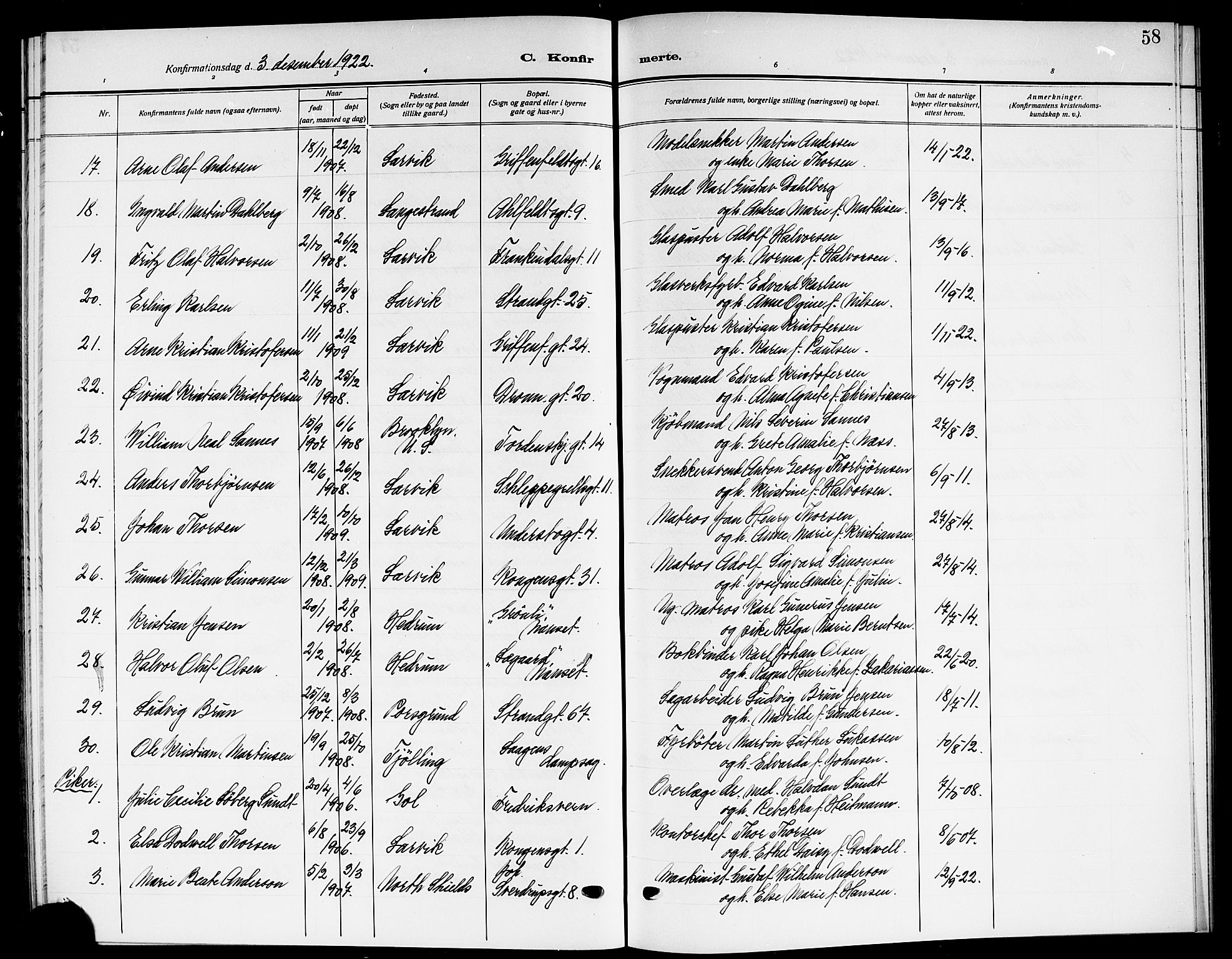 Larvik kirkebøker, AV/SAKO-A-352/G/Ga/L0009: Parish register (copy) no. I 9, 1918-1923, p. 58