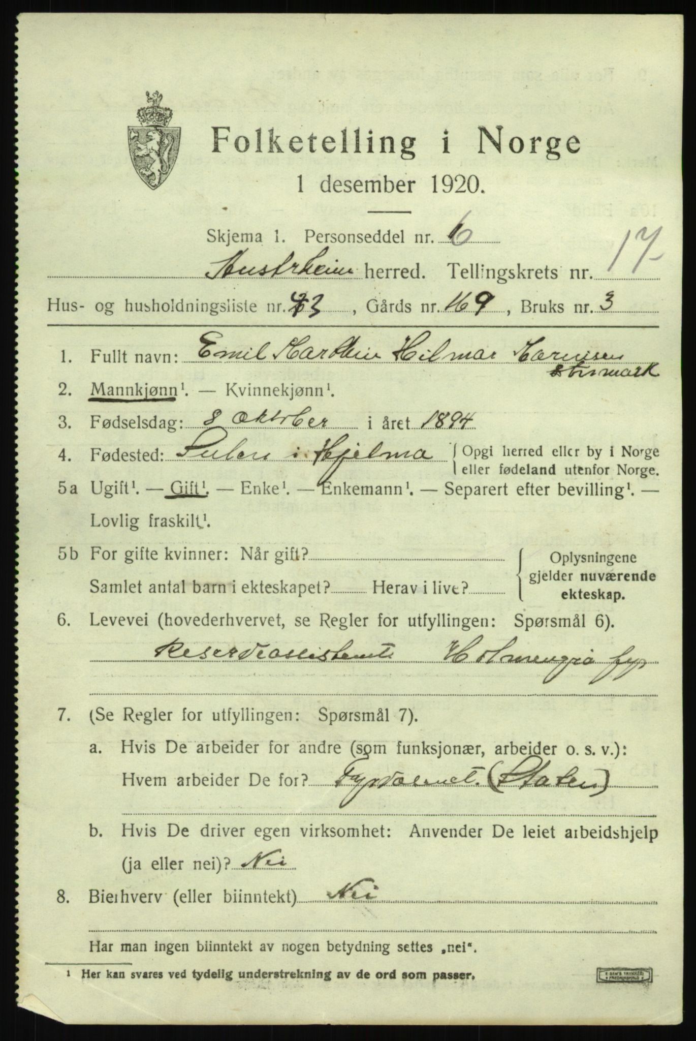 SAB, 1920 census for Austrheim, 1920, p. 5960