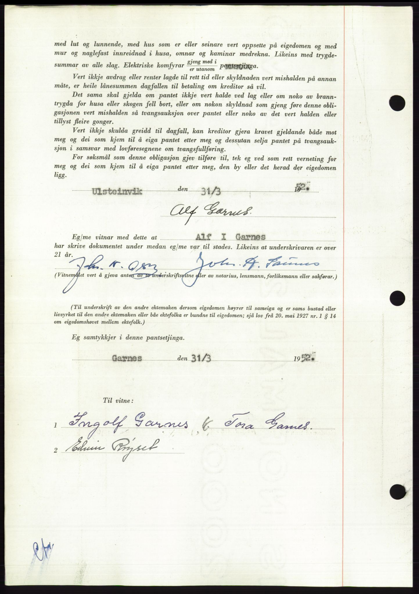 Søre Sunnmøre sorenskriveri, AV/SAT-A-4122/1/2/2C/L0121: Mortgage book no. 9B, 1951-1952, Diary no: : 819/1952