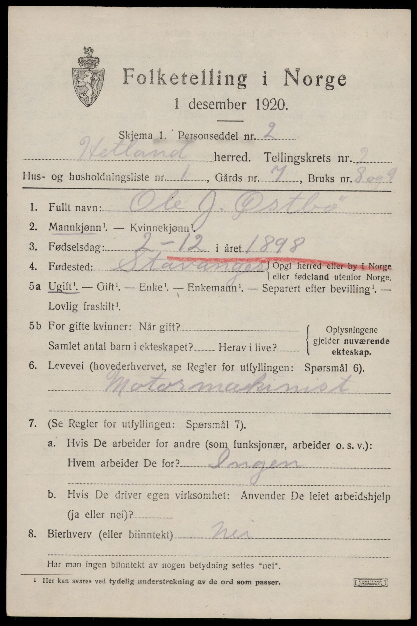 SAST, 1920 census for Hetland, 1920, p. 4007