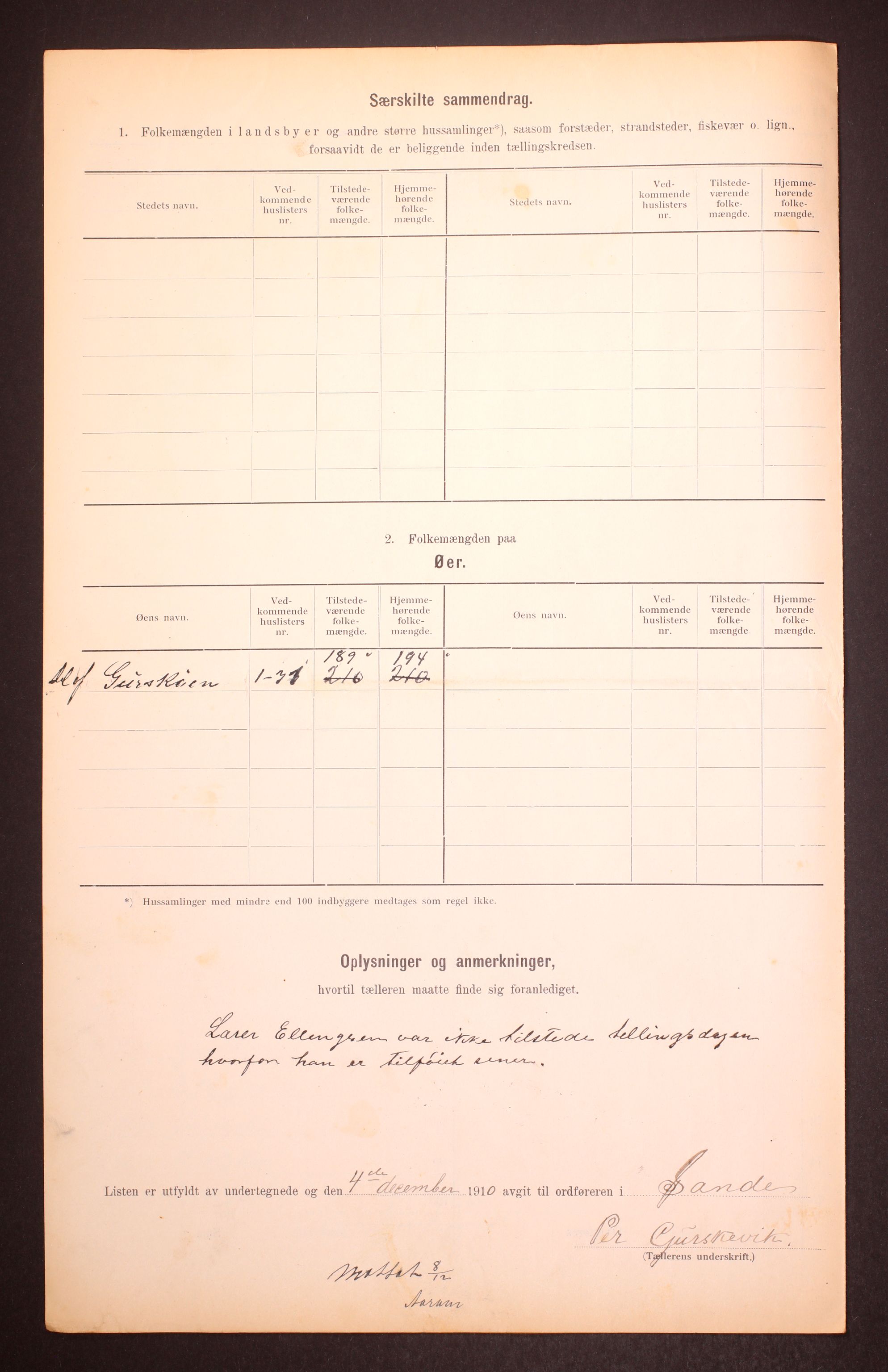 RA, 1910 census for Sande, 1910, p. 9