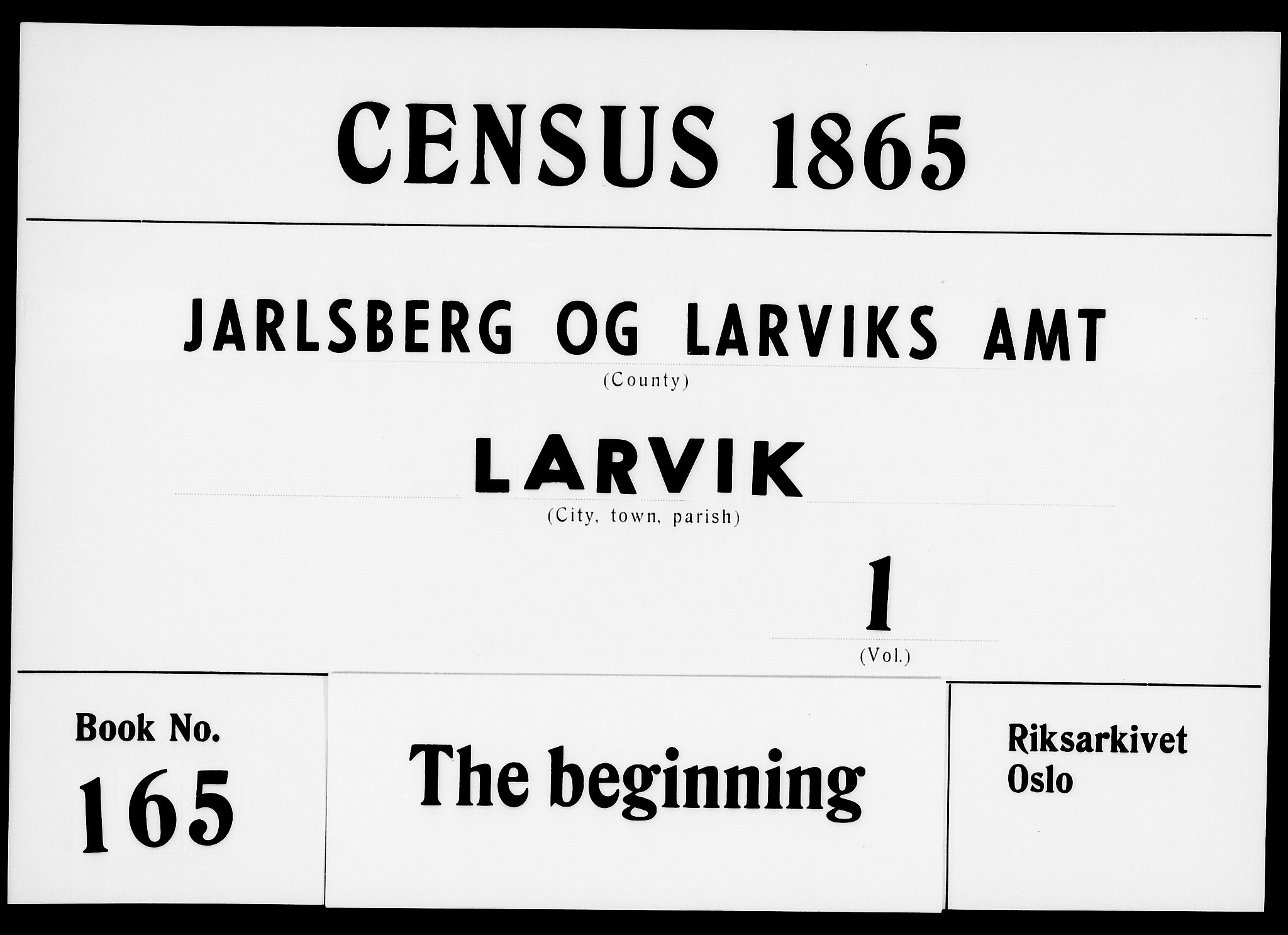 RA, 1865 census for Larvik, 1865, p. 1