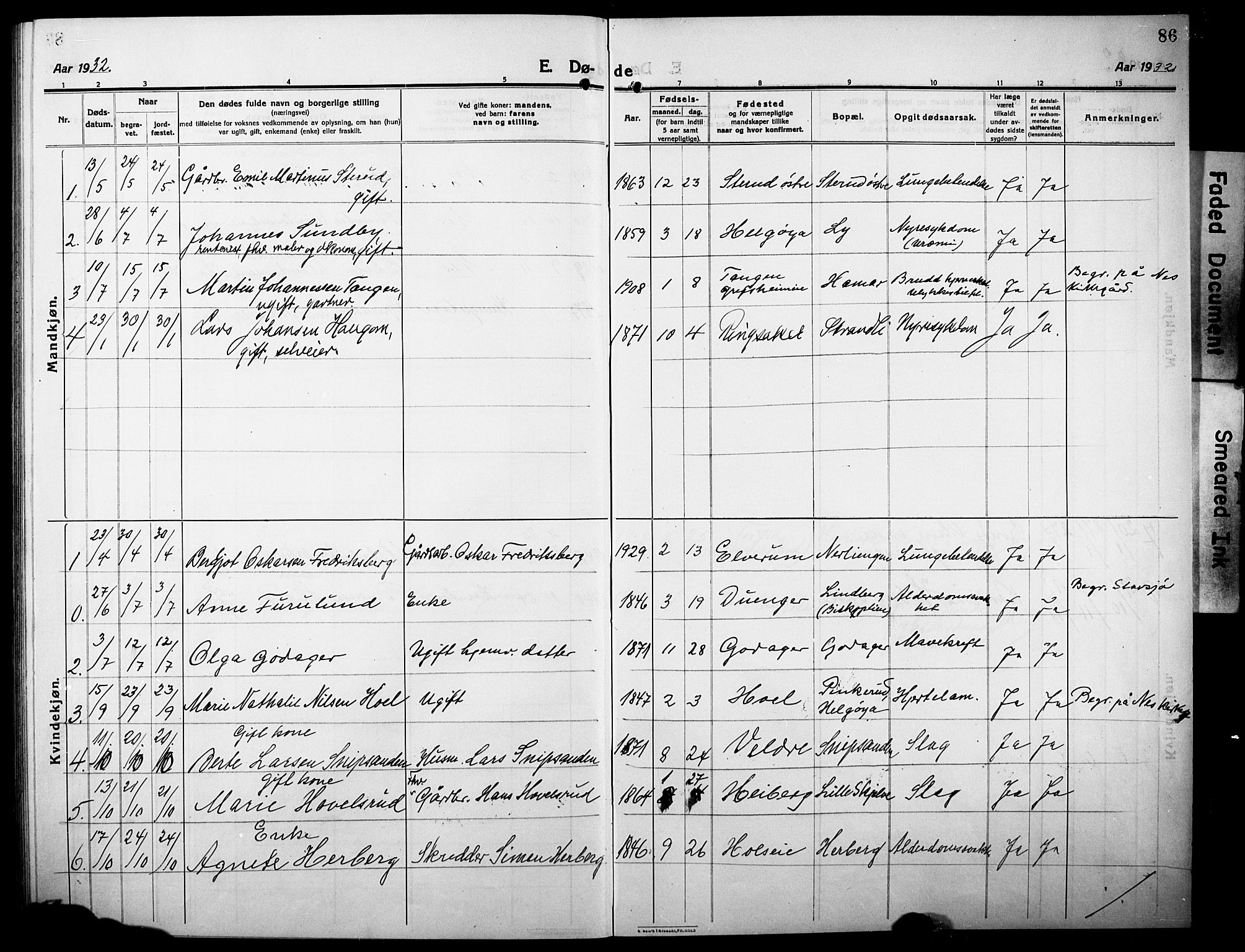 Nes prestekontor, Hedmark, SAH/PREST-020/L/La/L0008: Parish register (copy) no. 8, 1910-1932, p. 86