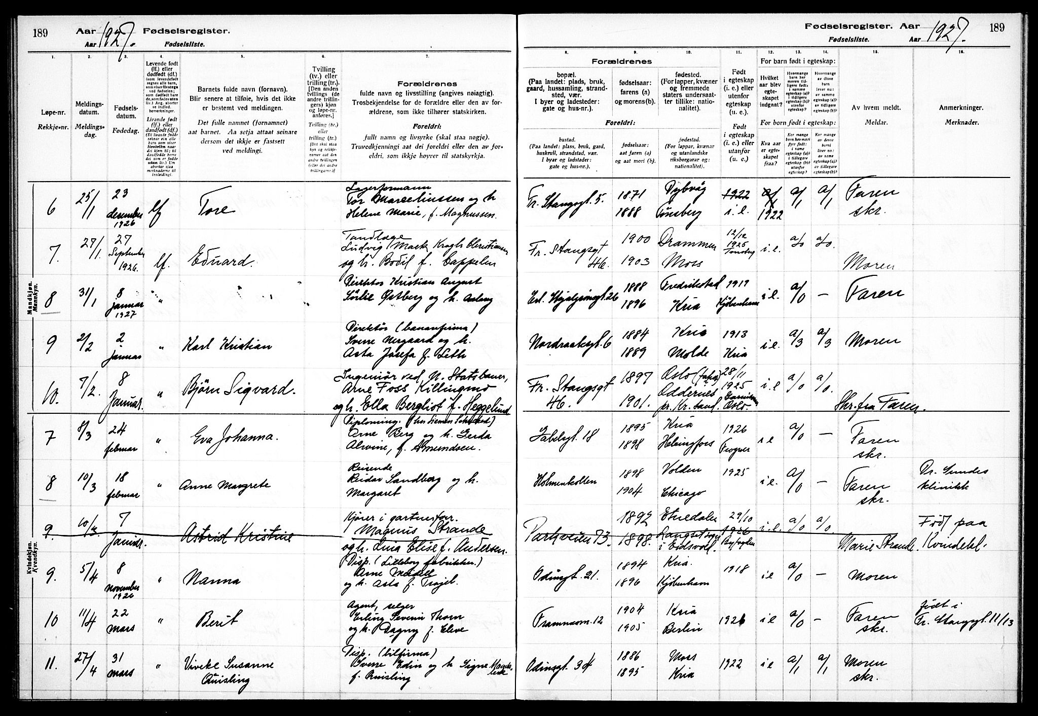 Frogner prestekontor Kirkebøker, SAO/A-10886/J/Ja/L0001: Birth register no. 1, 1916-1927, p. 189