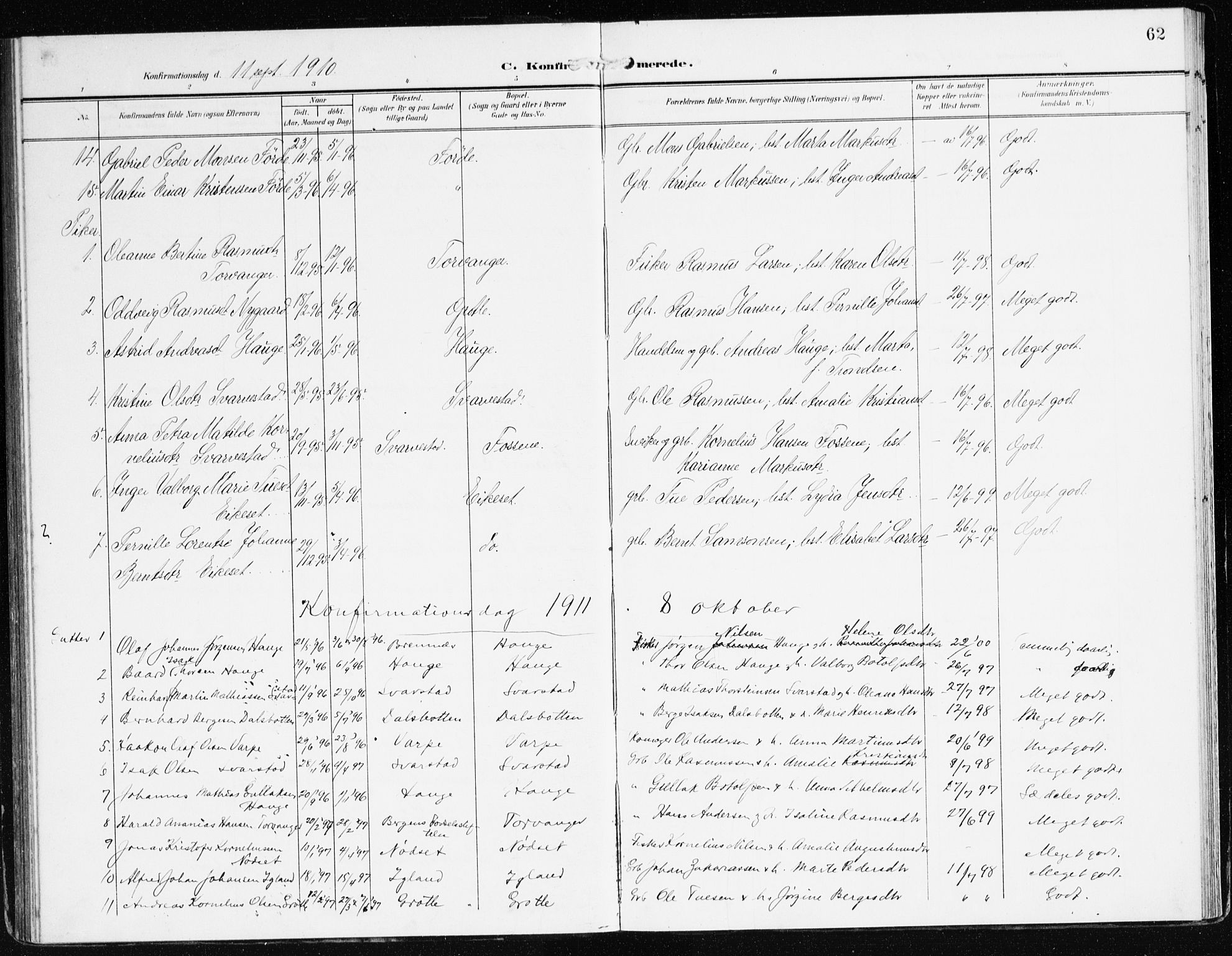 Bremanger sokneprestembete, SAB/A-82201/H/Haa/Haac/L0001: Parish register (official) no. C 1, 1908-1921, p. 62