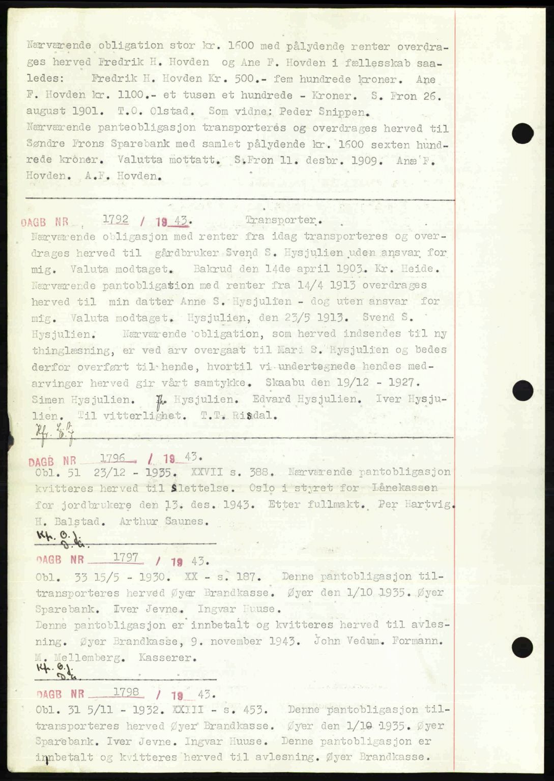 Sør-Gudbrandsdal tingrett, SAH/TING-004/H/Hb/Hbf/L0002: Mortgage book no. C1, 1938-1951, Diary no: : 1792/1943