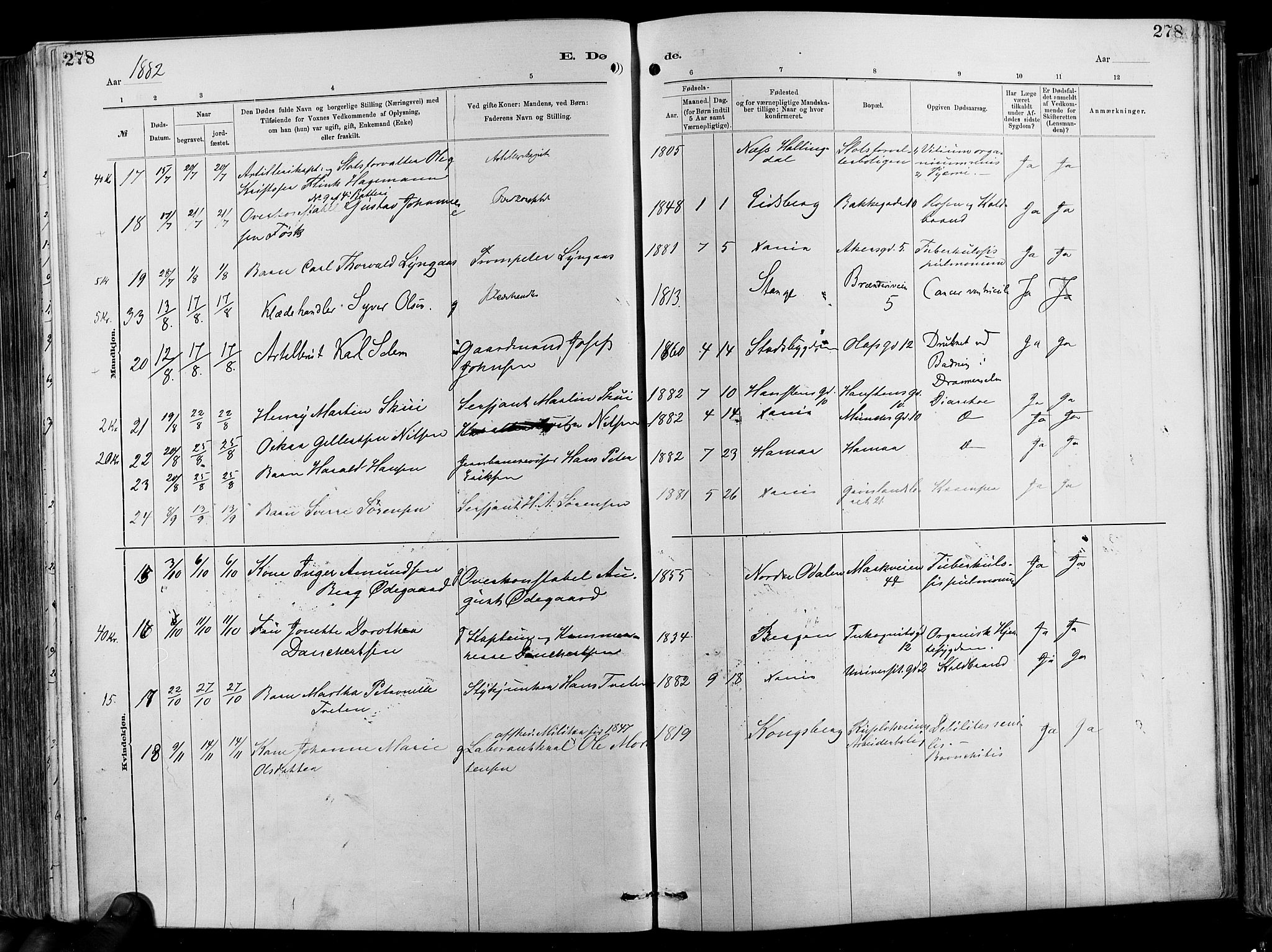 Garnisonsmenigheten Kirkebøker, AV/SAO-A-10846/F/Fa/L0012: Parish register (official) no. 12, 1880-1893, p. 278