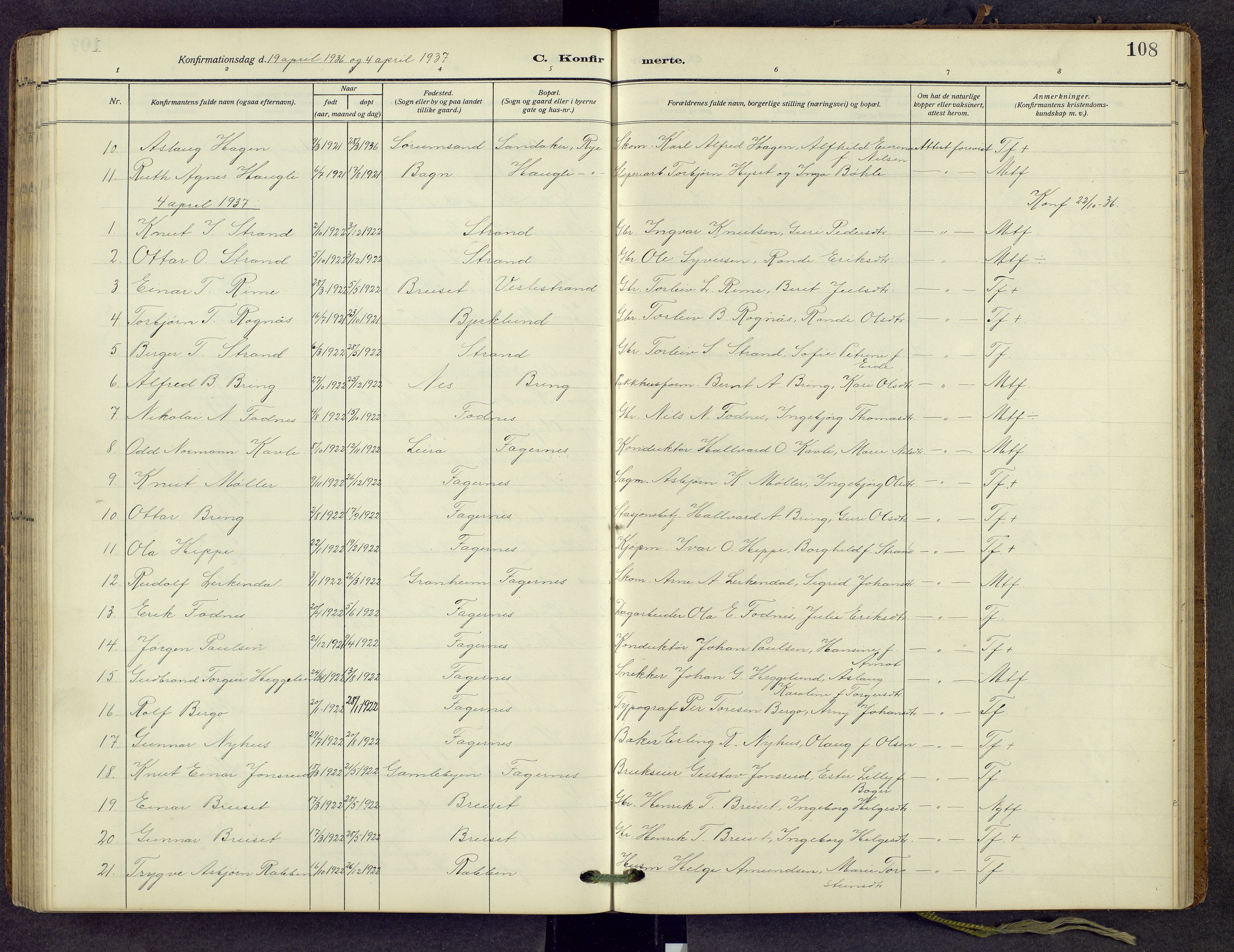 Nord-Aurdal prestekontor, SAH/PREST-132/H/Ha/Hab/L0013: Parish register (copy) no. 13, 1911-1948, p. 108