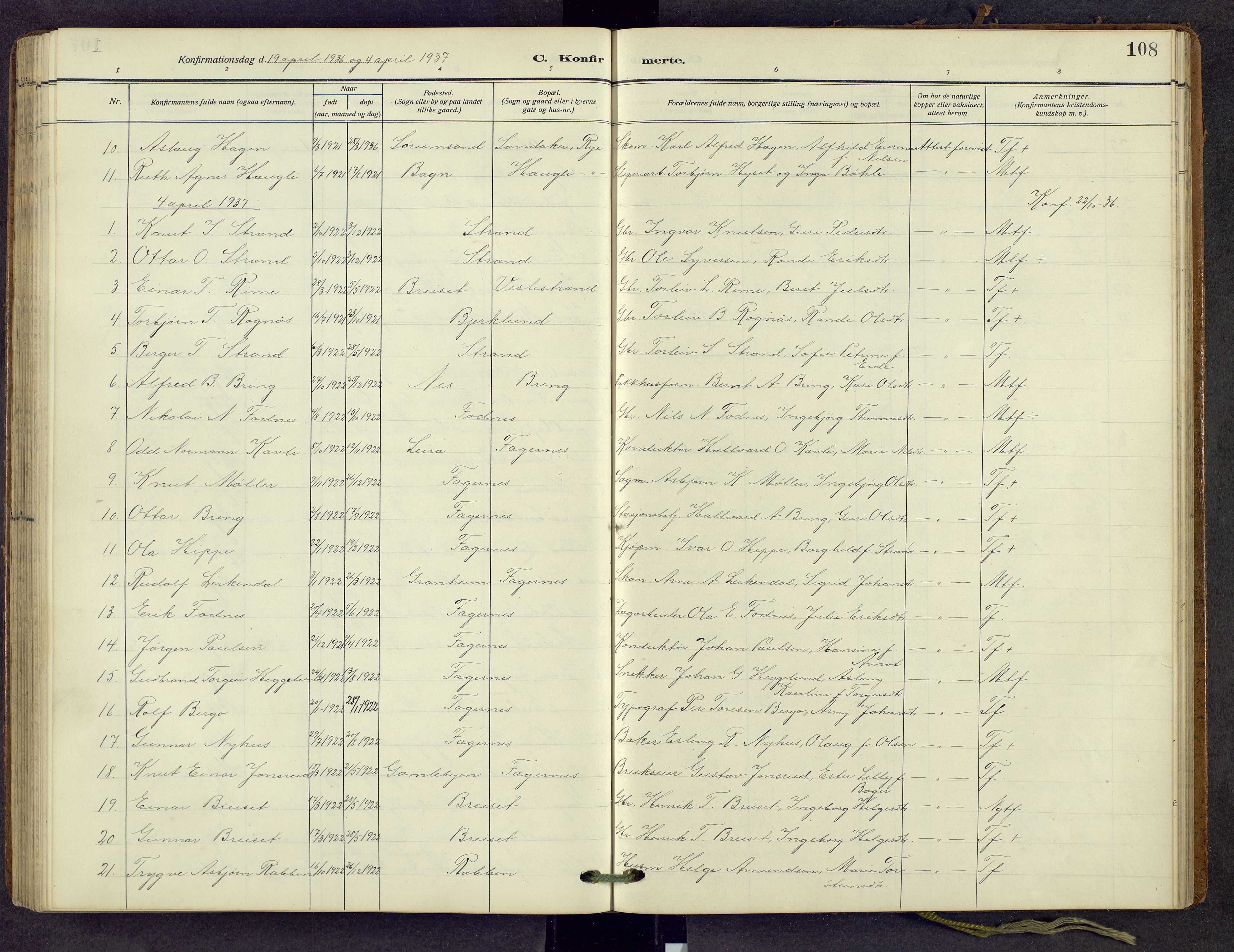 Nord-Aurdal prestekontor, AV/SAH-PREST-132/H/Ha/Hab/L0013: Parish register (copy) no. 13, 1911-1948, p. 108