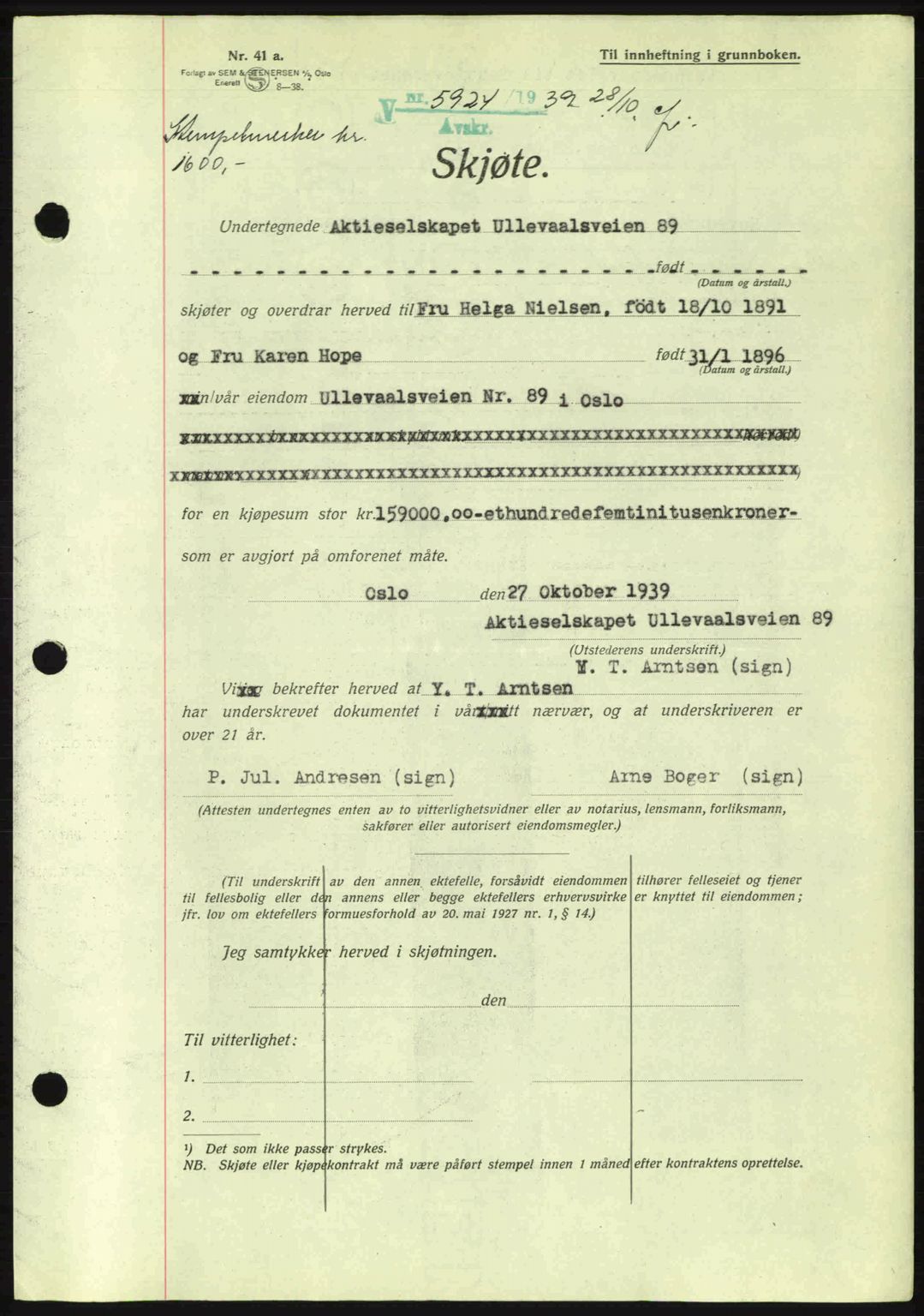 Oslo byskriverembete, AV/SAO-A-10227/G/Gb/Gbb/Gbbb/L0004: Mortgage book no. VA4, 1939-1939, Diary no: : 5924/1939