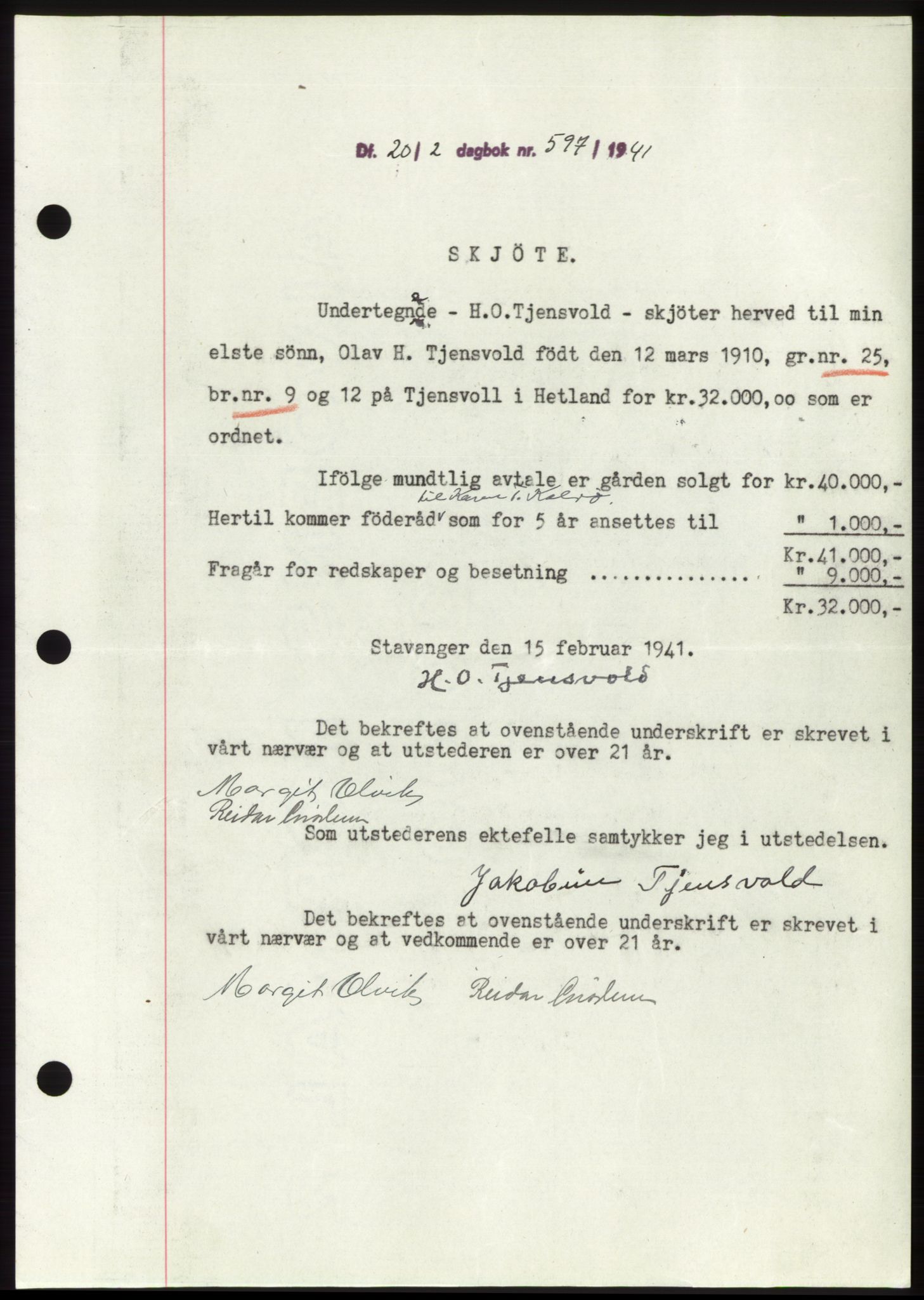 Jæren sorenskriveri, SAST/A-100310/03/G/Gba/L0079: Mortgage book, 1940-1941, Diary no: : 597/1941