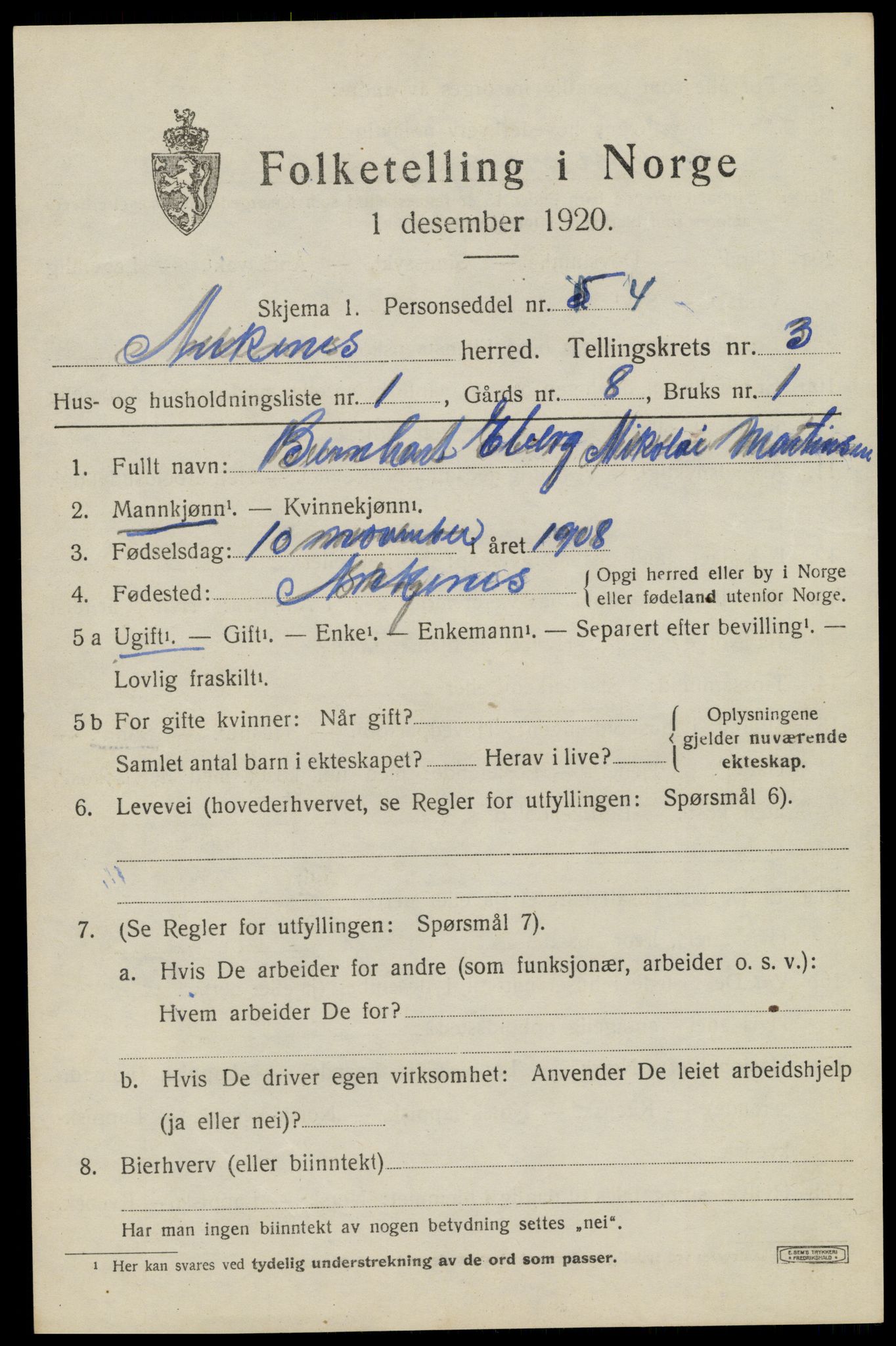 SAT, 1920 census for Ankenes, 1920, p. 1707