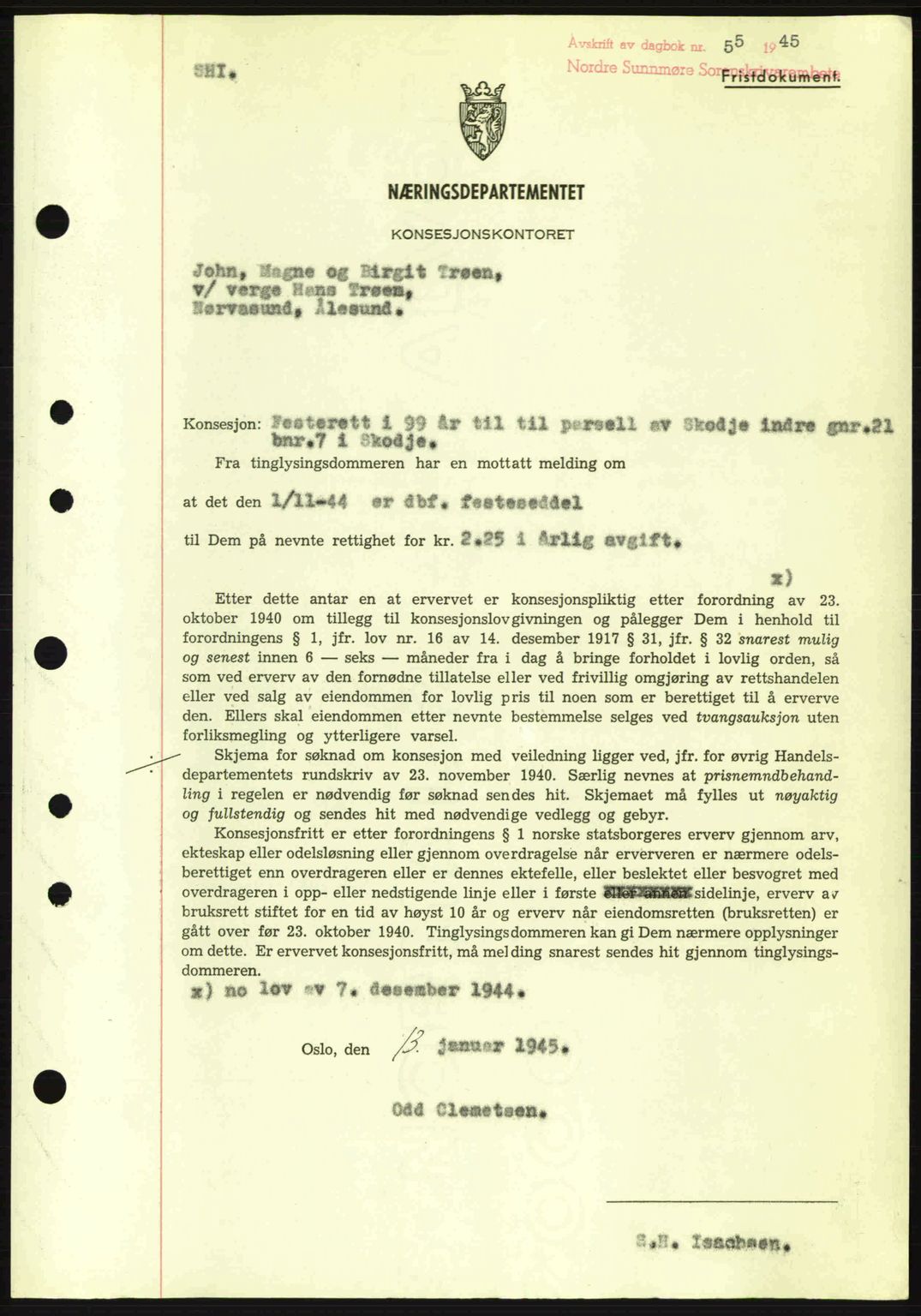 Nordre Sunnmøre sorenskriveri, SAT/A-0006/1/2/2C/2Ca: Mortgage book no. B6-14 a, 1942-1945, Diary no: : 55/1945
