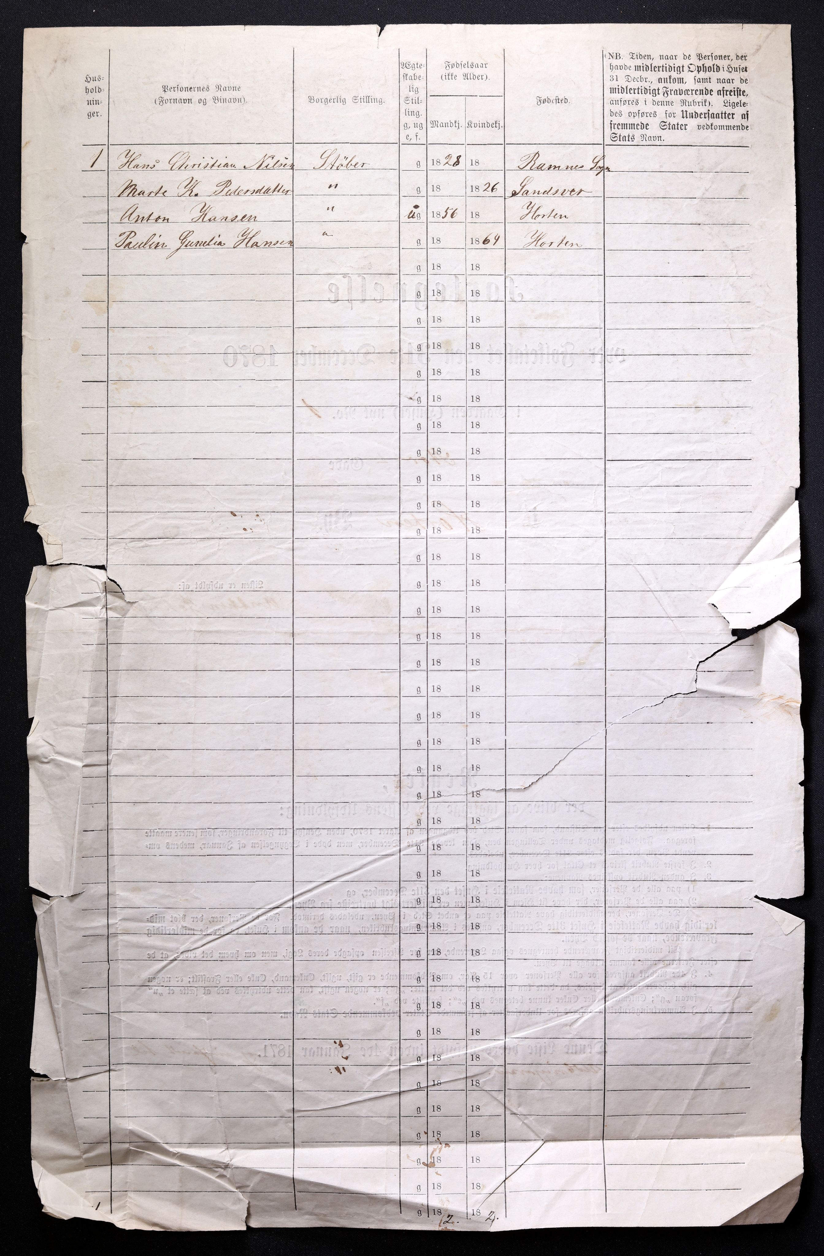 RA, 1870 census for 0703 Horten, 1870, p. 4