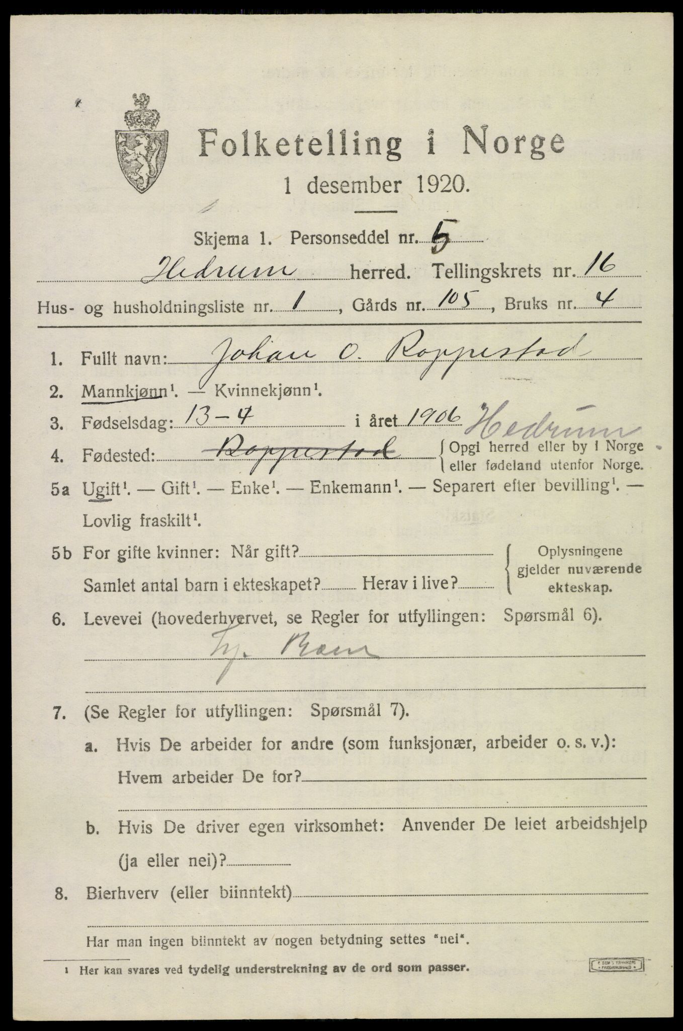 SAKO, 1920 census for Hedrum, 1920, p. 10261