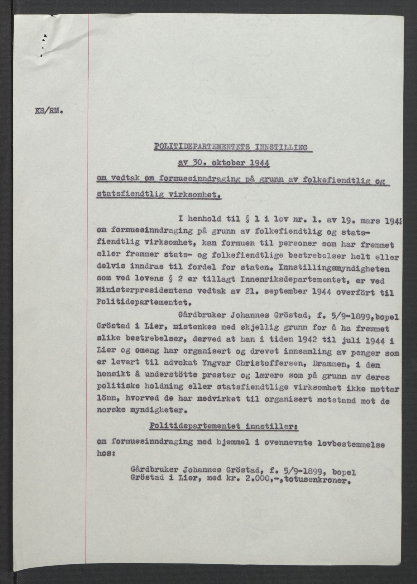 NS-administrasjonen 1940-1945 (Statsrådsekretariatet, de kommisariske statsråder mm), AV/RA-S-4279/D/Db/L0090: Foredrag til vedtak utenfor ministermøte, 1942-1945, p. 439