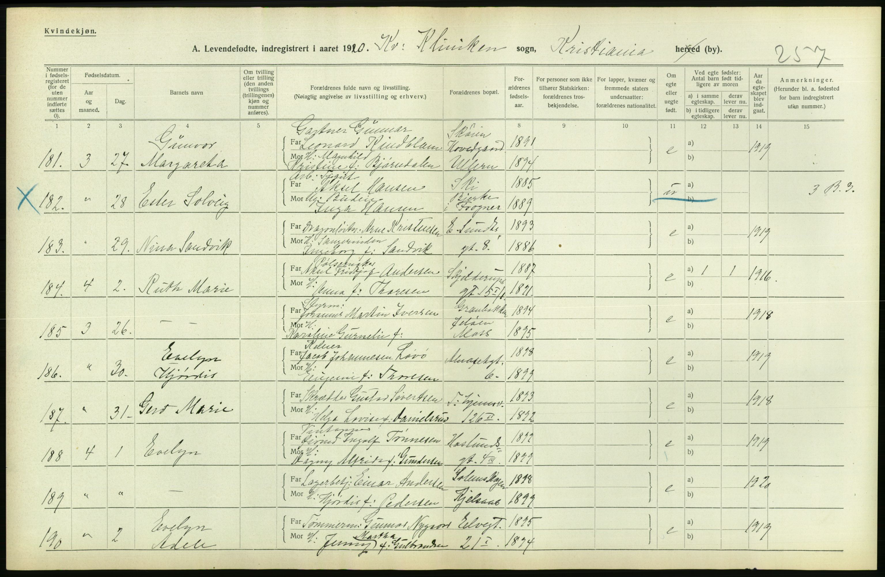 Statistisk sentralbyrå, Sosiodemografiske emner, Befolkning, AV/RA-S-2228/D/Df/Dfb/Dfbj/L0008: Kristiania: Levendefødte menn og kvinner., 1920, p. 566