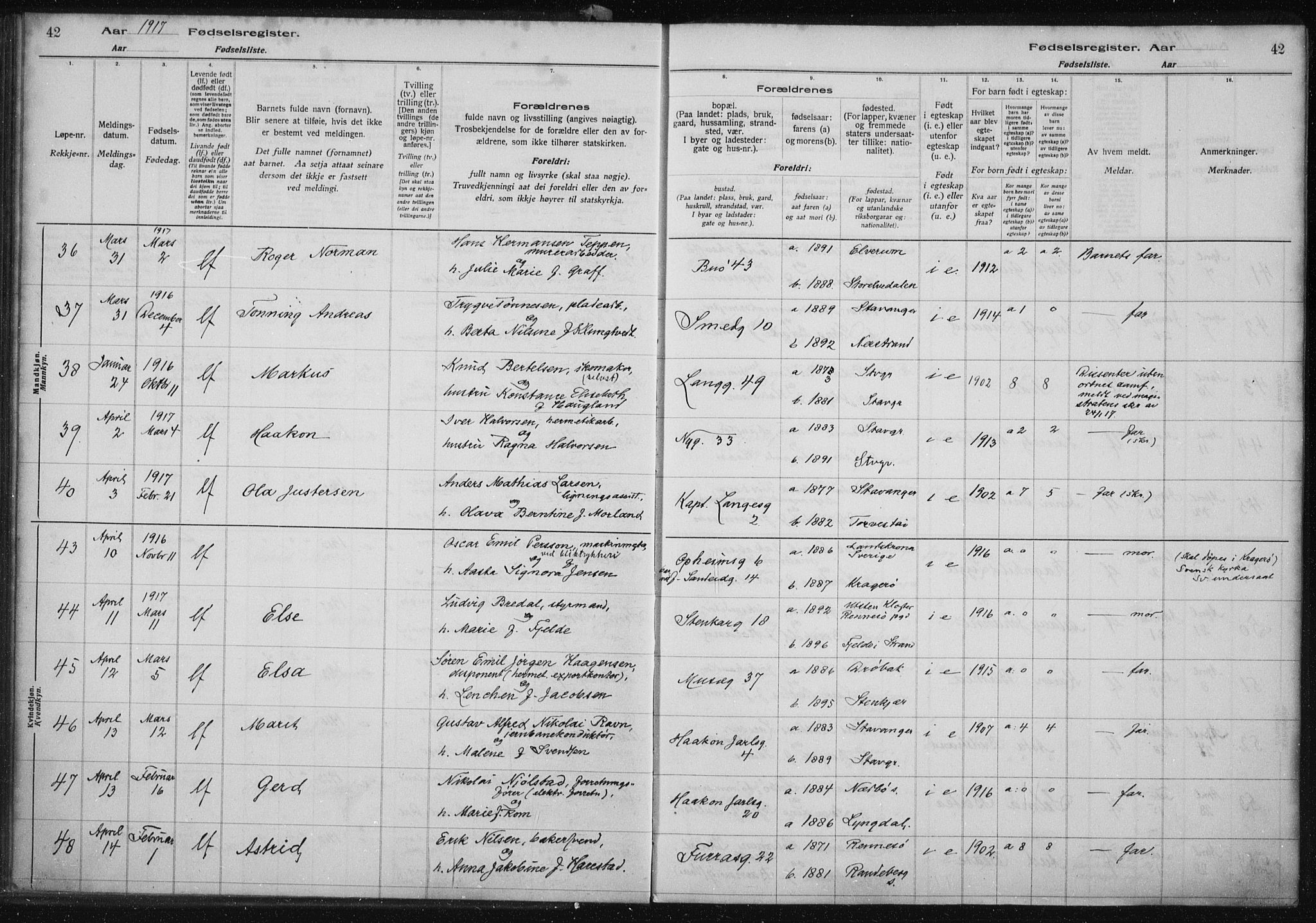 St. Petri sokneprestkontor, AV/SAST-A-101813/002/A/L0001: Birth register no. 1, 1916-1922, p. 42